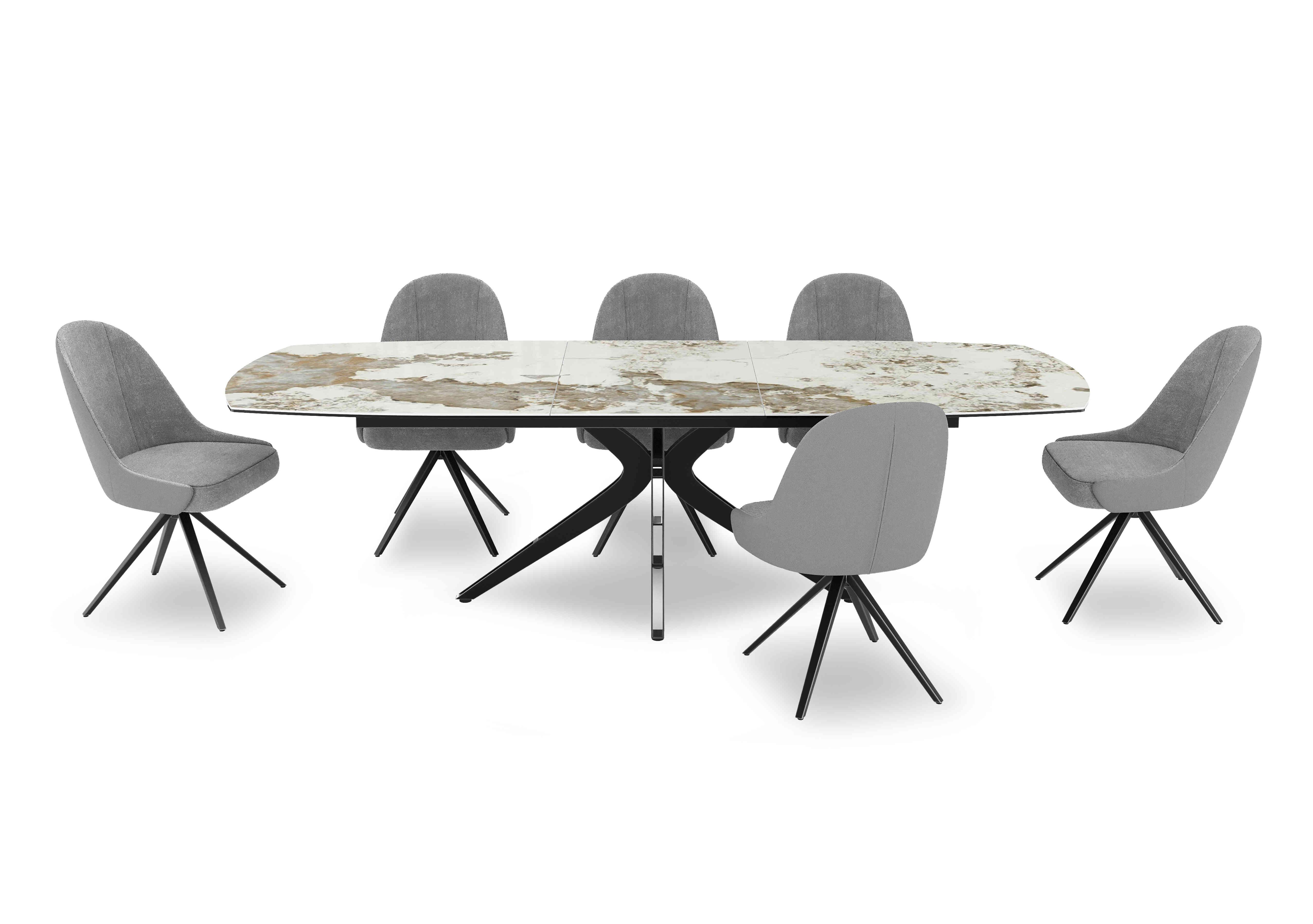 Jose Large Calcatta Marble Pop-up Extending Dining Table with 6 Swivel Dining Chairs in Stone on Furniture Village