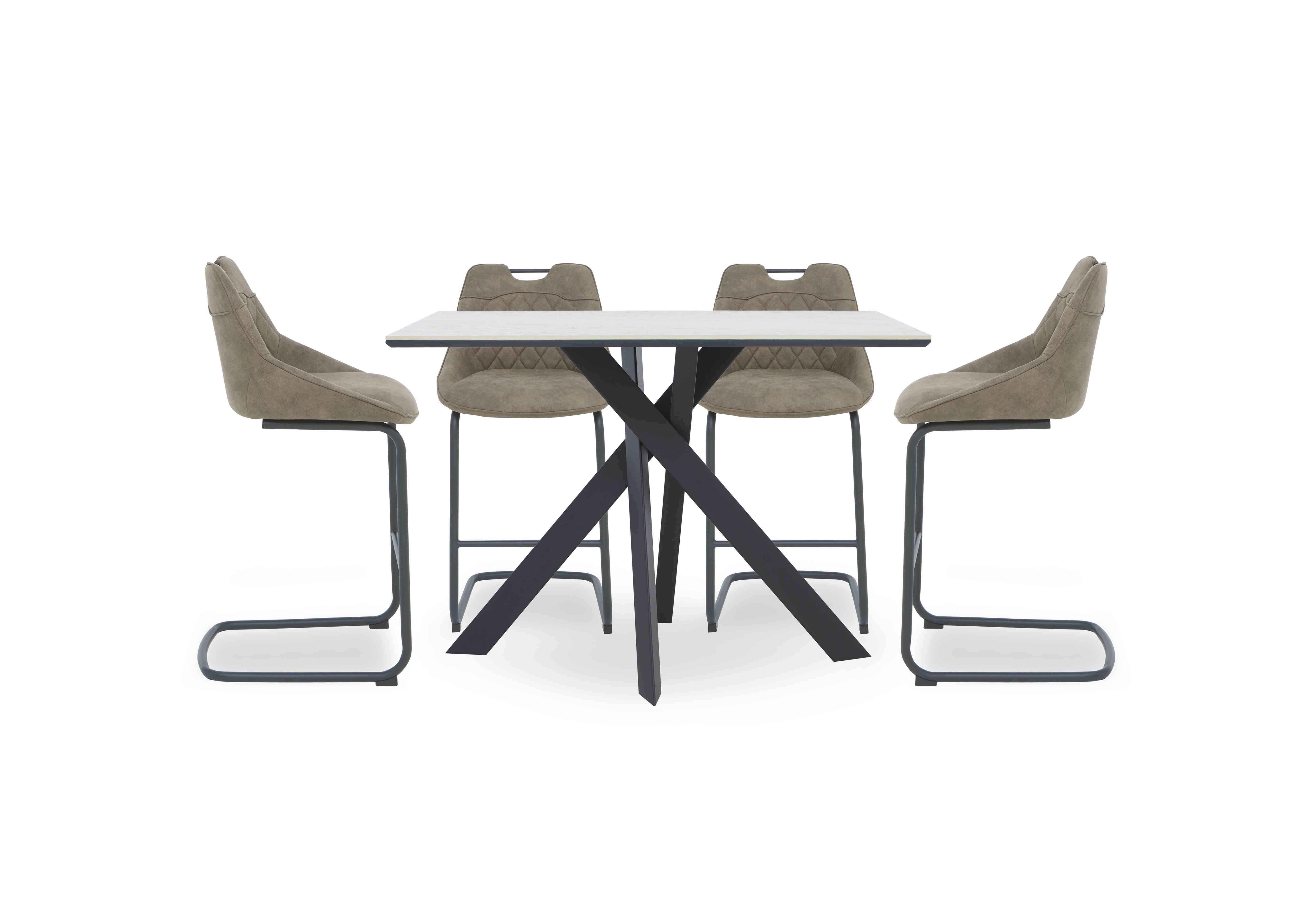 Warrior Crystal White Bar Table and 4 Cantilever Bar Stools in White/Taupe on Furniture Village