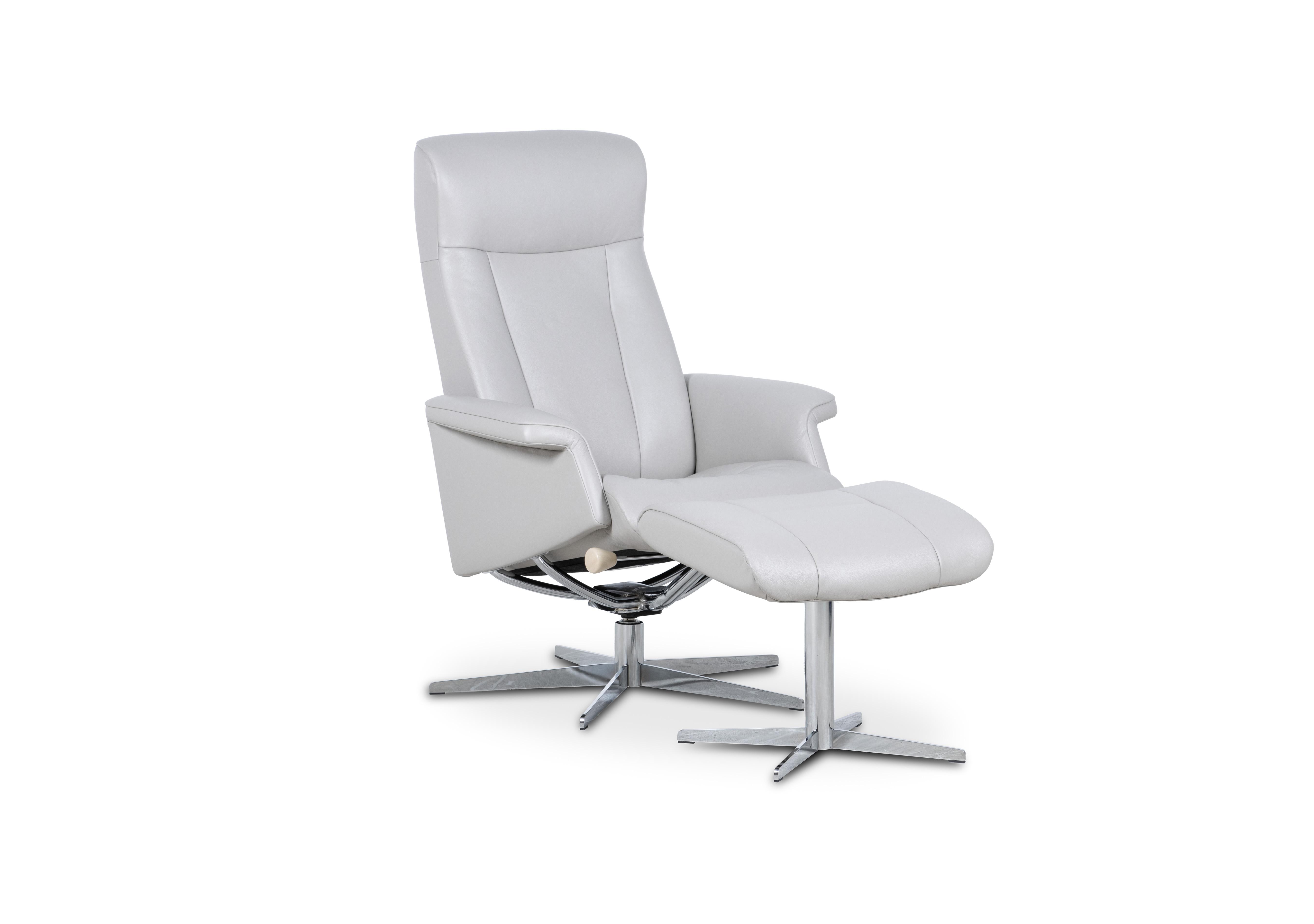 Bergen Small Leather Swivel Chair and Footstool with Chrome Base in Essenza Frost on Furniture Village