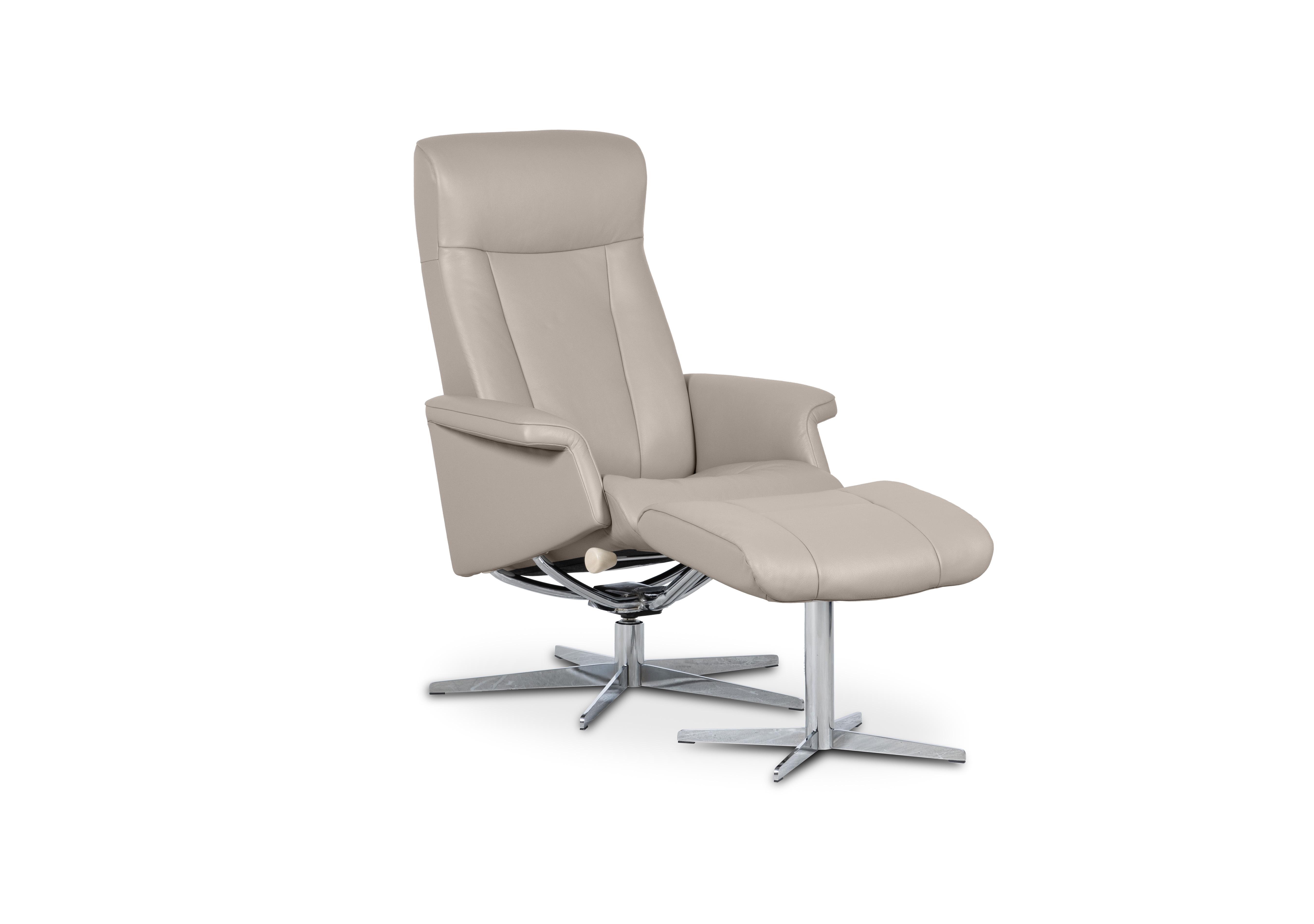 Bergen Small Leather Swivel Chair and Footstool with Chrome Base in Essenza Pebble on Furniture Village