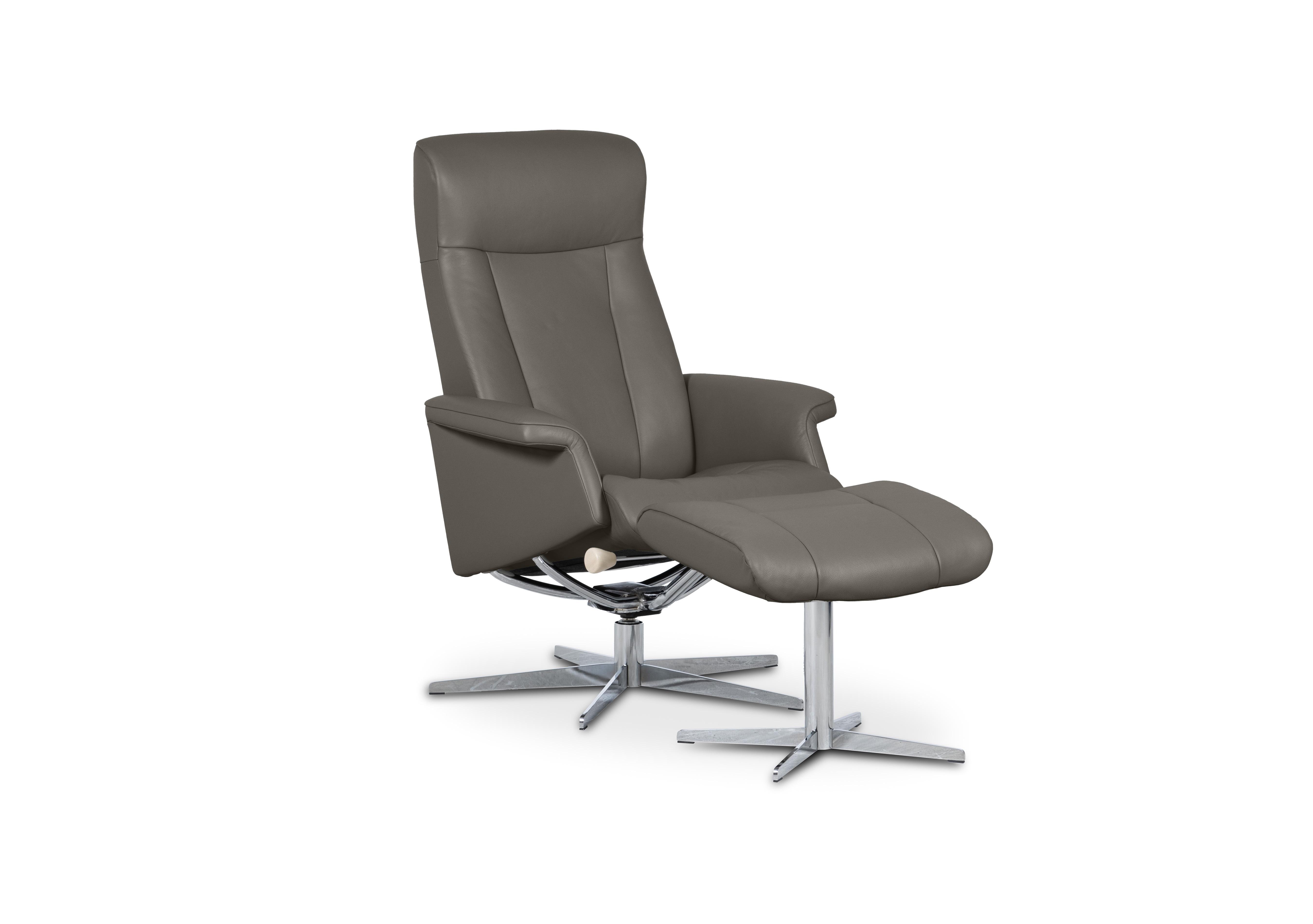Bergen Small Leather Swivel Chair and Footstool with Chrome Base in Essenza Stone on Furniture Village