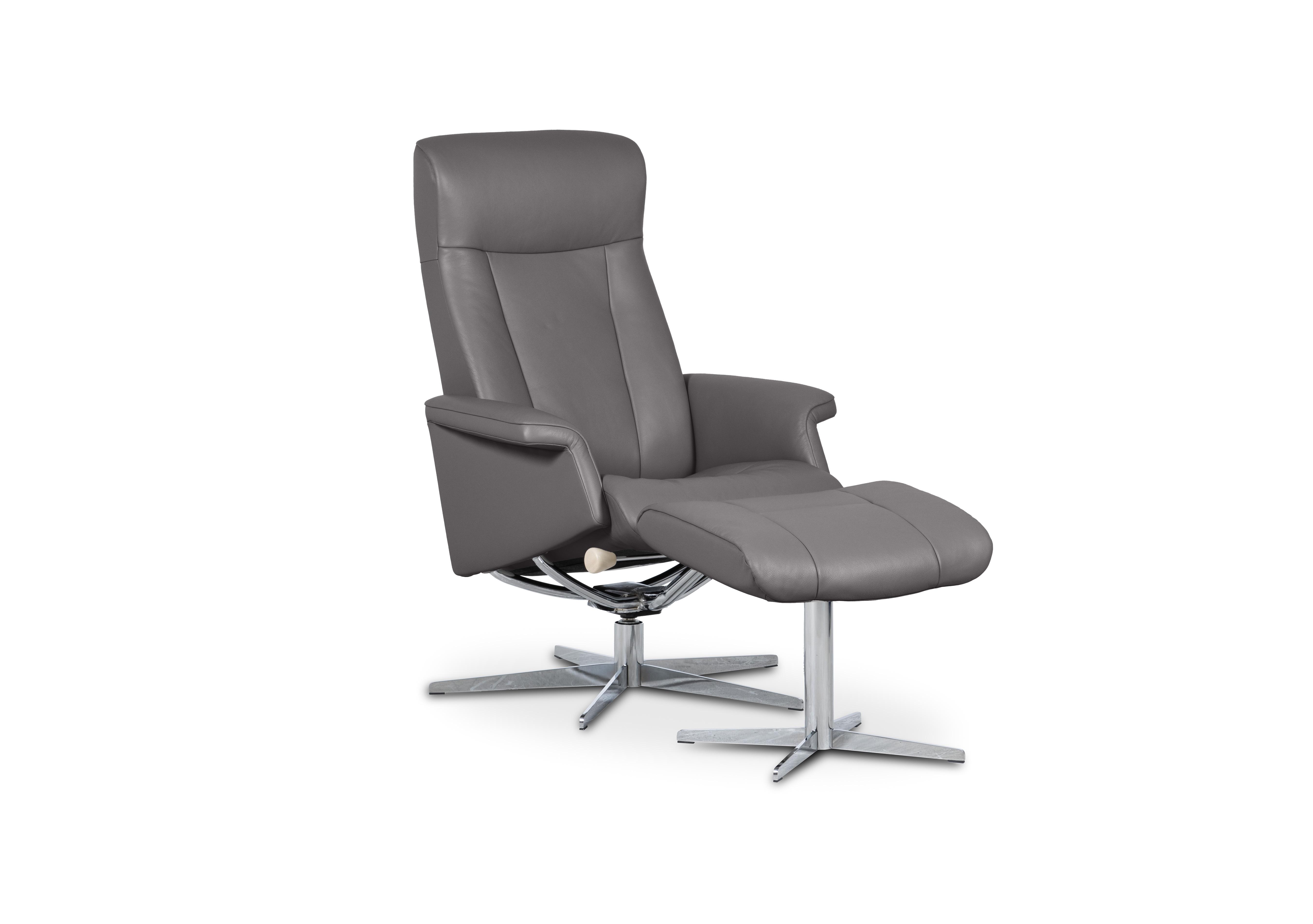 Bergen Small Leather Swivel Chair and Footstool with Chrome Base in Grace Ash on Furniture Village