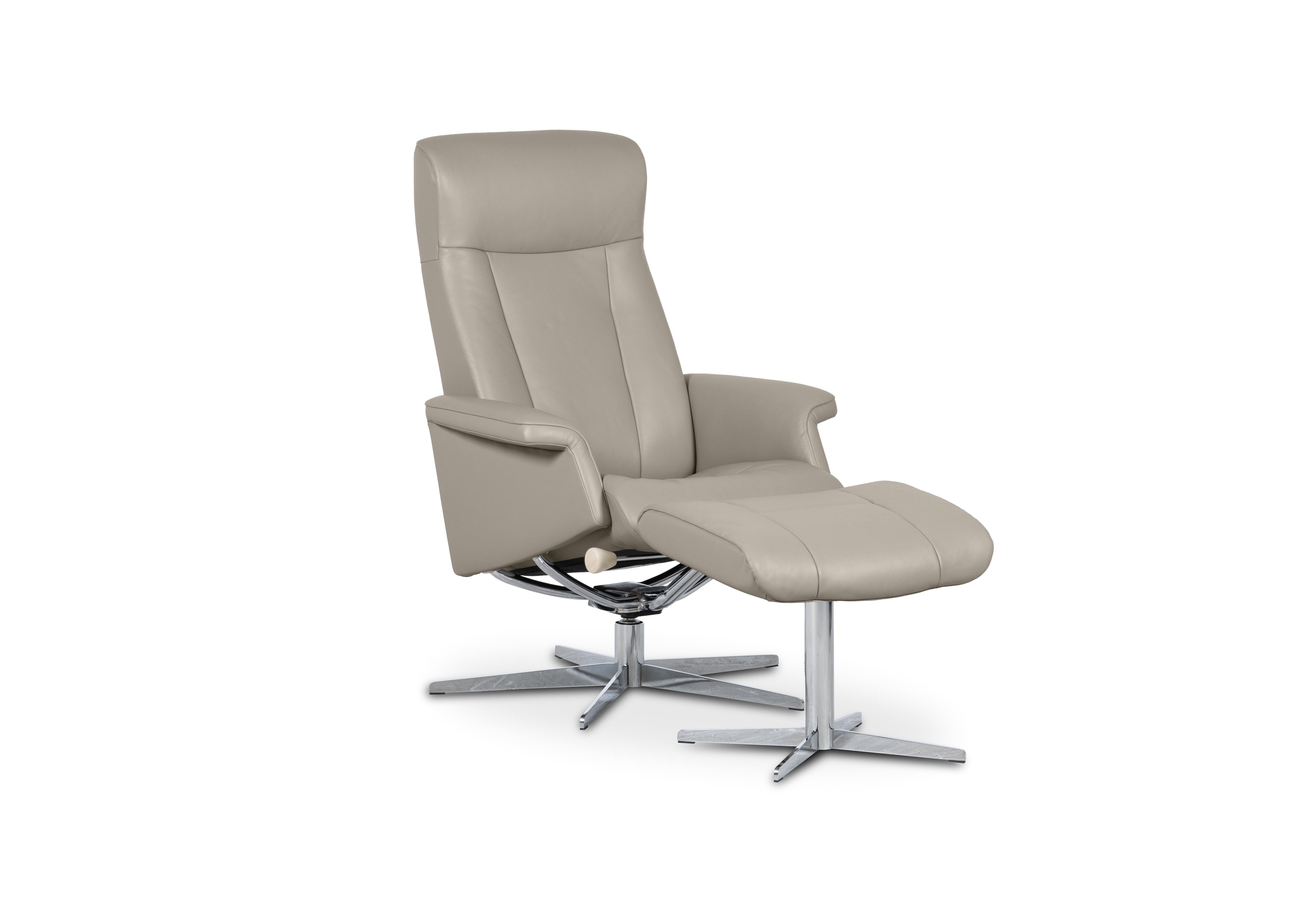 Bergen Small Leather Swivel Chair and Footstool with Chrome Base in Grace Fog on Furniture Village