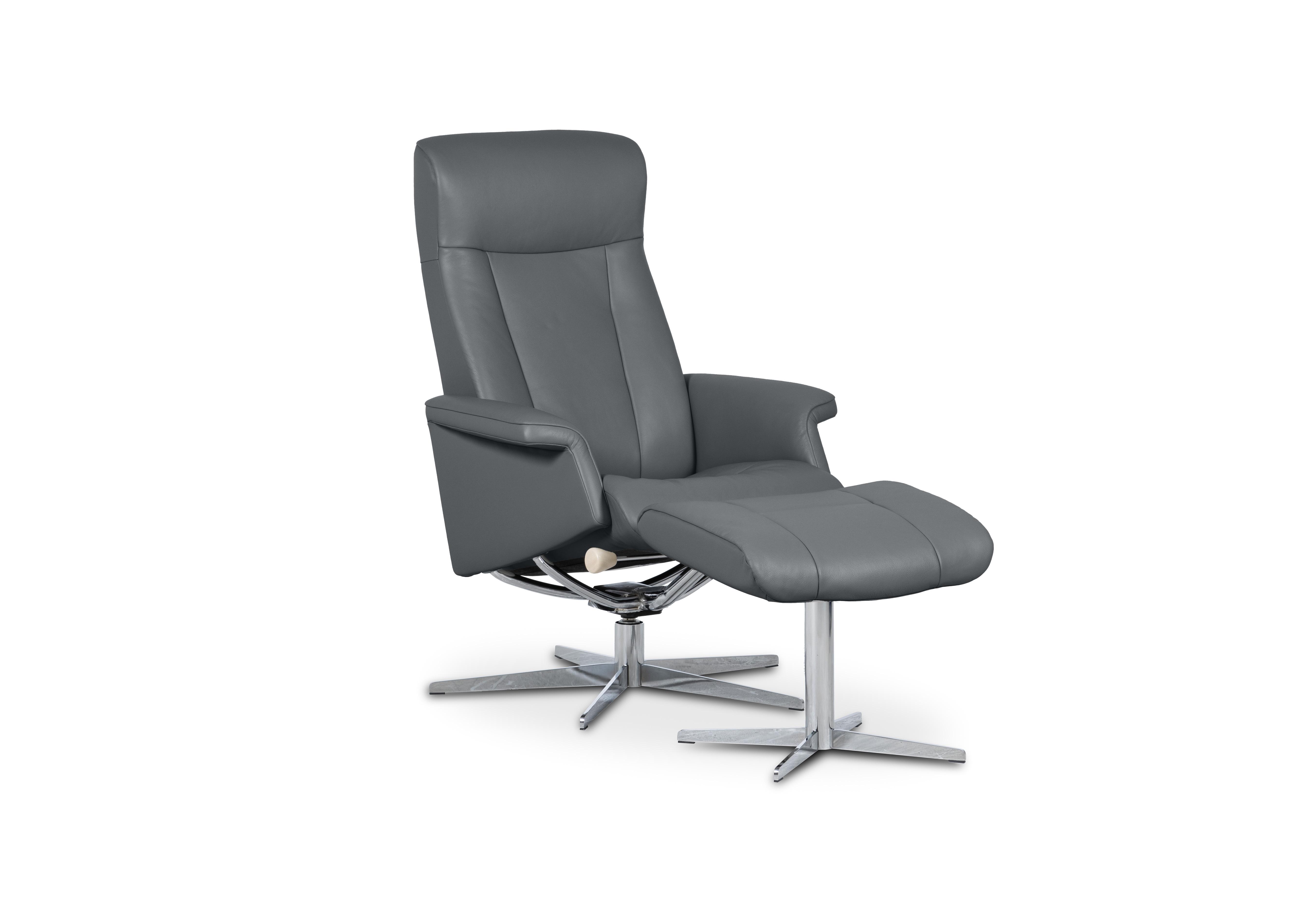 Bergen Small Leather Swivel Chair and Footstool with Chrome Base in Grace Iron on Furniture Village