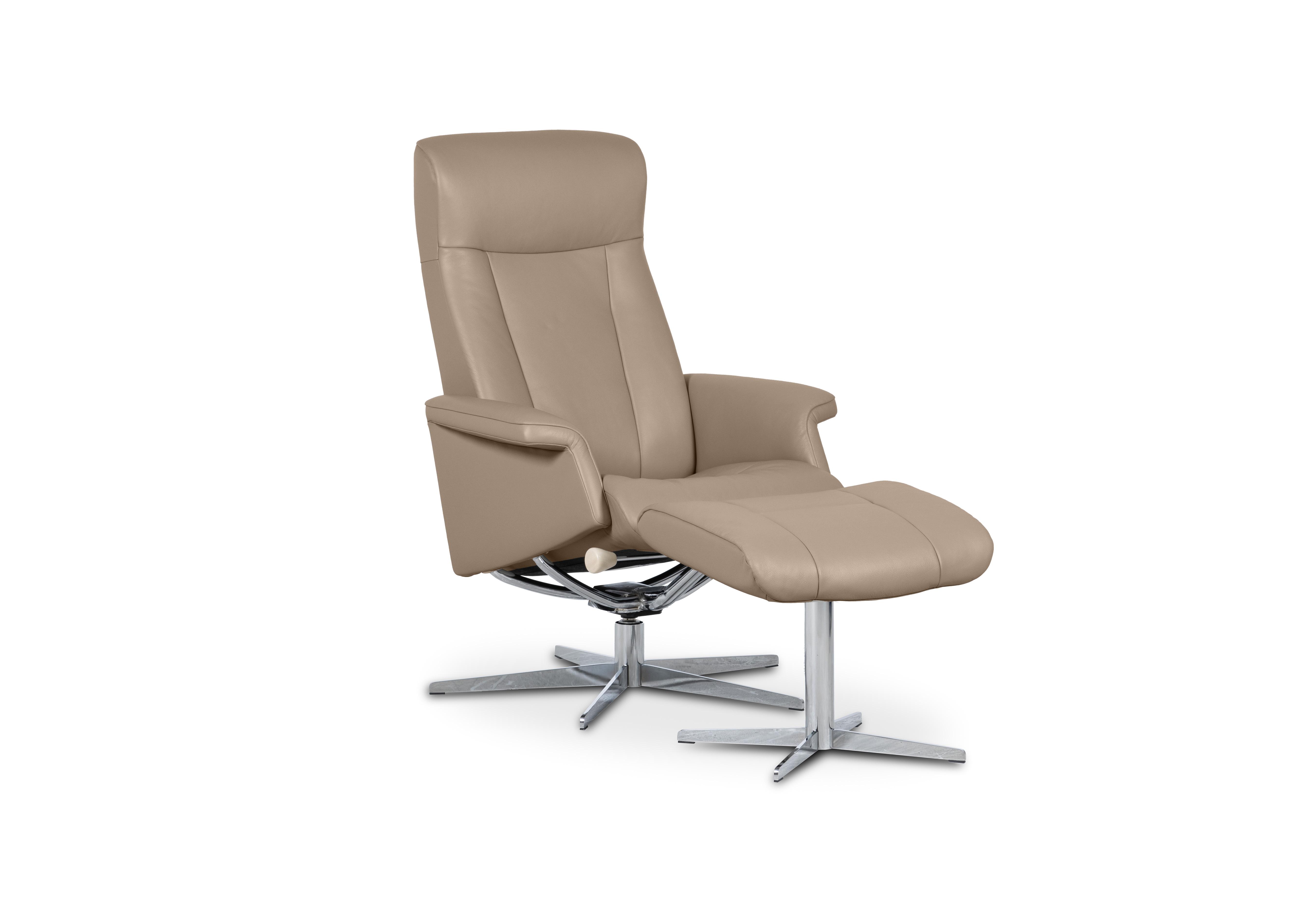 Bergen Small Leather Swivel Chair and Footstool with Chrome Base in Grace Sandstone on Furniture Village