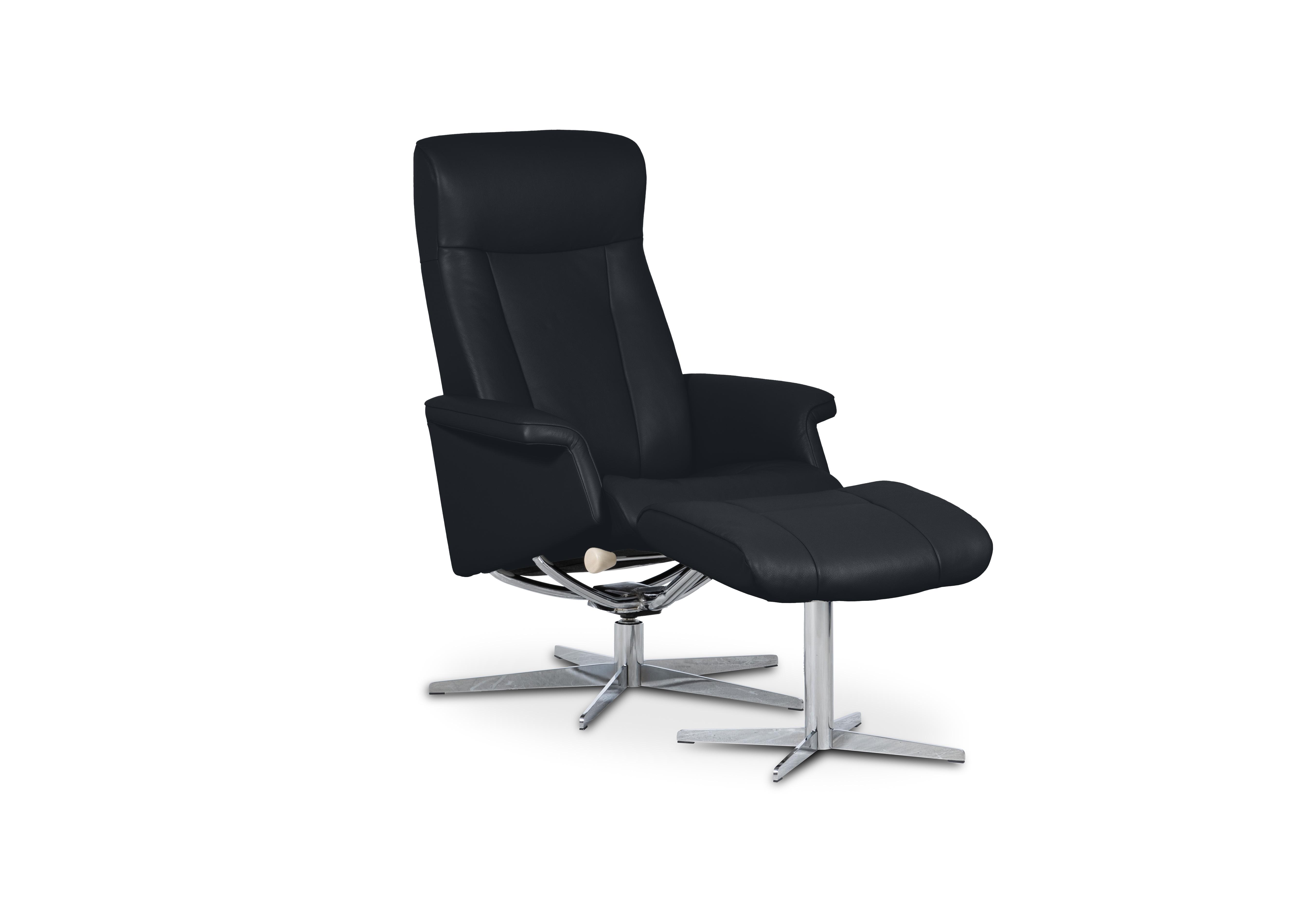 Bergen Small Leather Swivel Chair and Footstool with Chrome Base in Grace Tuxedo on Furniture Village