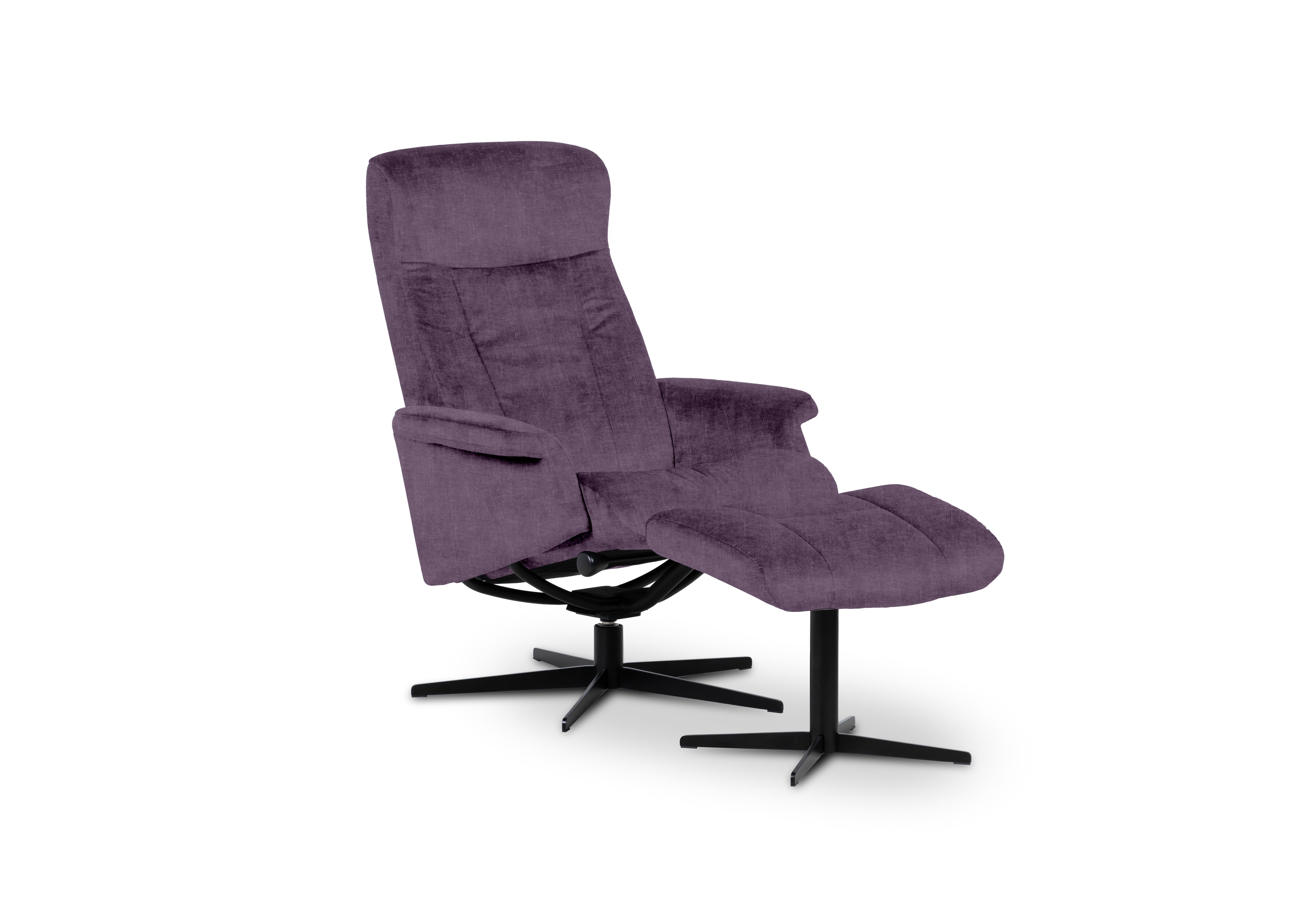 Bergen Medium Fabric Swivel Chair and Footstool with Black Base in Ambler Amethyst on Furniture Village