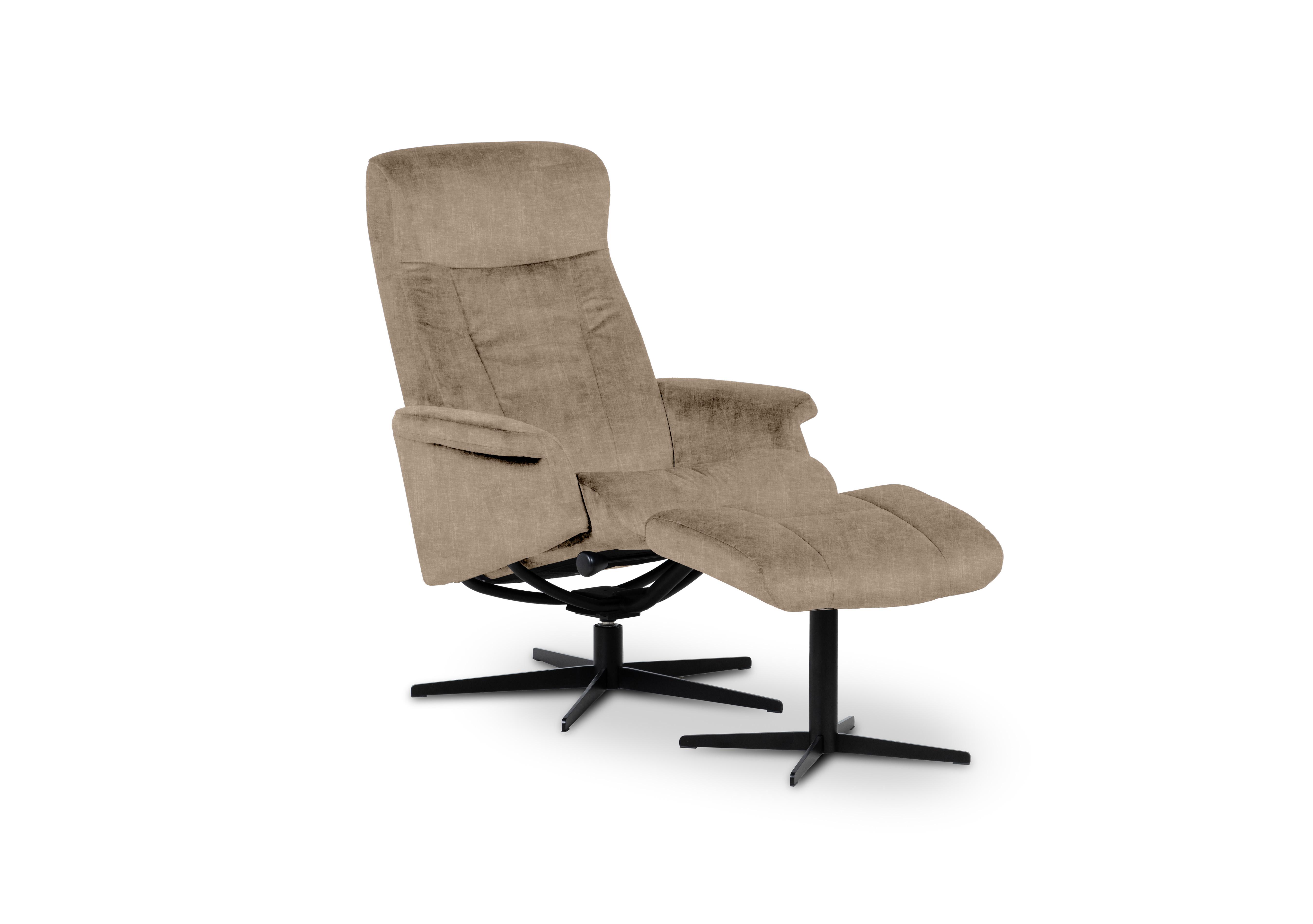 Bergen Medium Fabric Swivel Chair and Footstool with Black Base in Ambler Caramel on Furniture Village