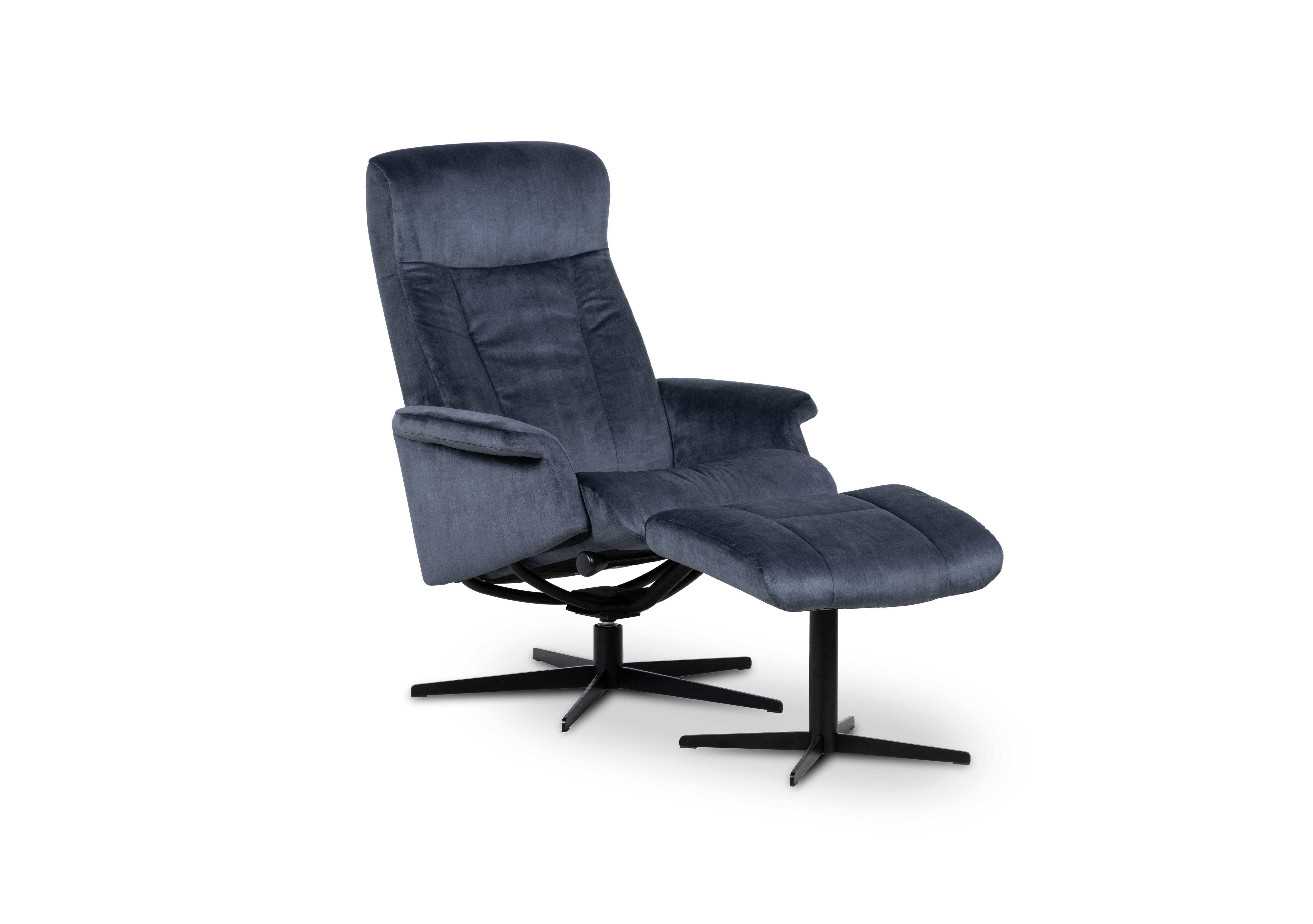 Bergen Medium Fabric Swivel Chair and Footstool with Black Base in Ambler Charcoal on Furniture Village