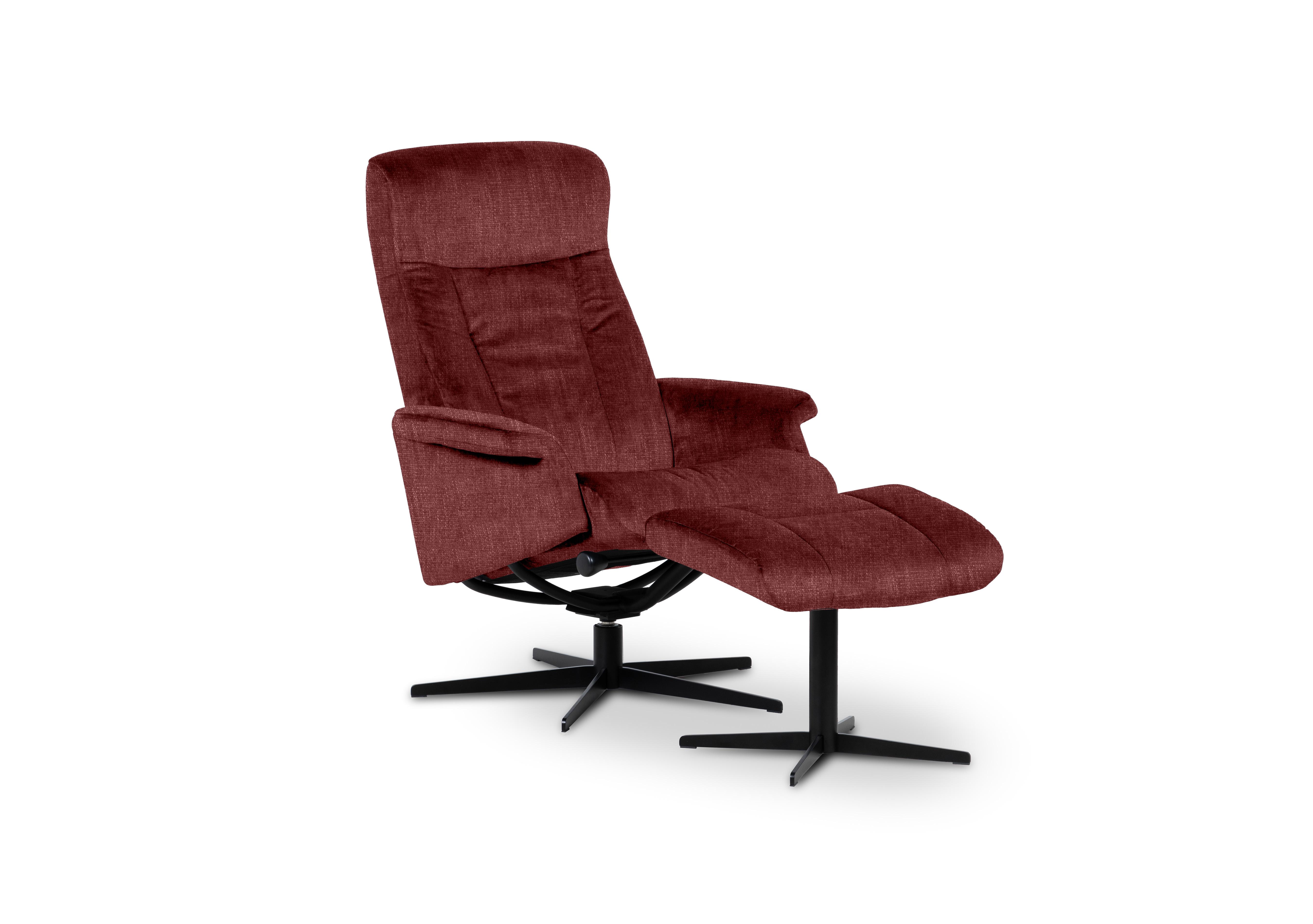 Bergen Medium Fabric Swivel Chair and Footstool with Black Base in Beamer Brick on Furniture Village