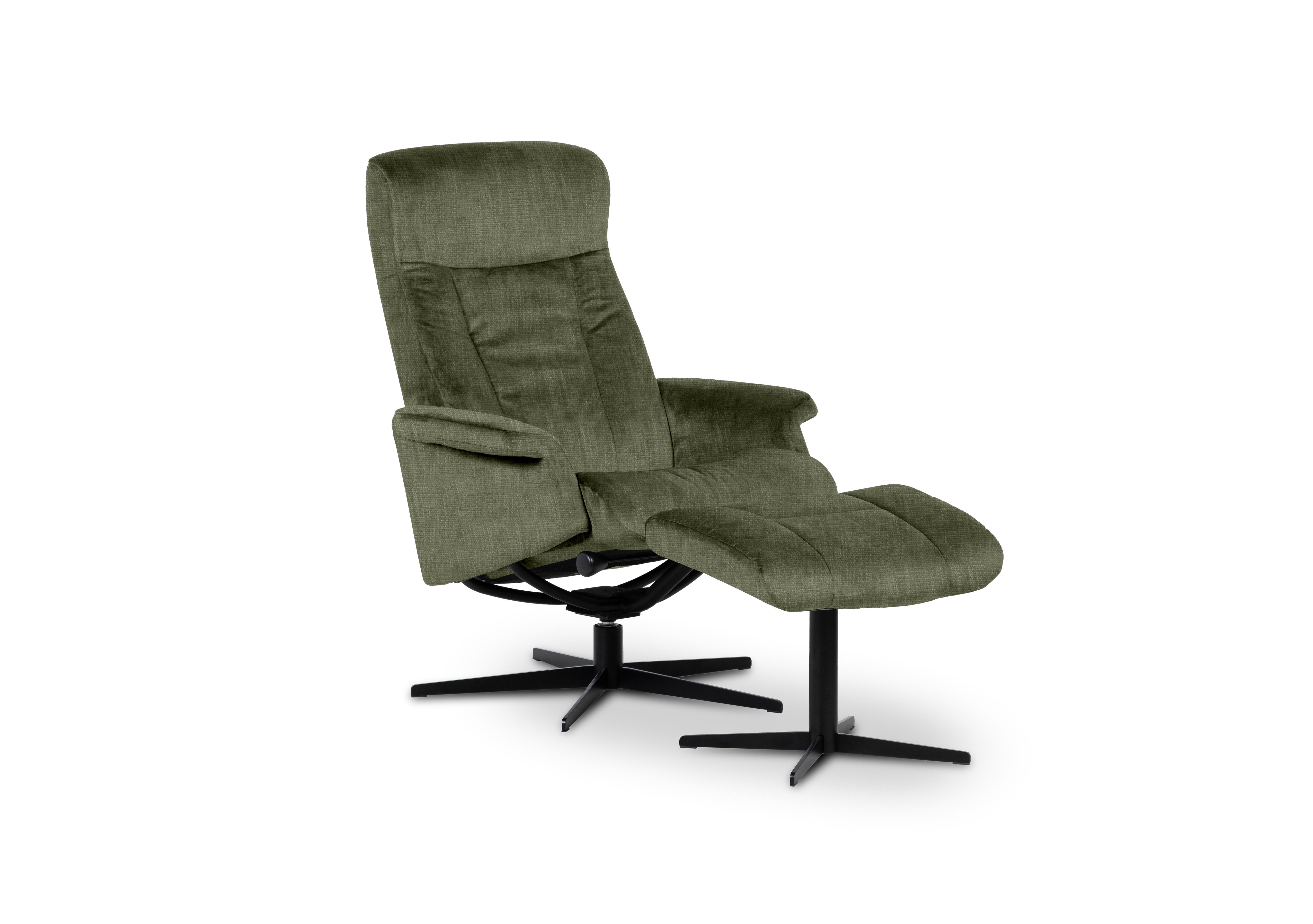 Bergen Medium Fabric Swivel Chair and Footstool with Black Base in Beamer Hickory on Furniture Village