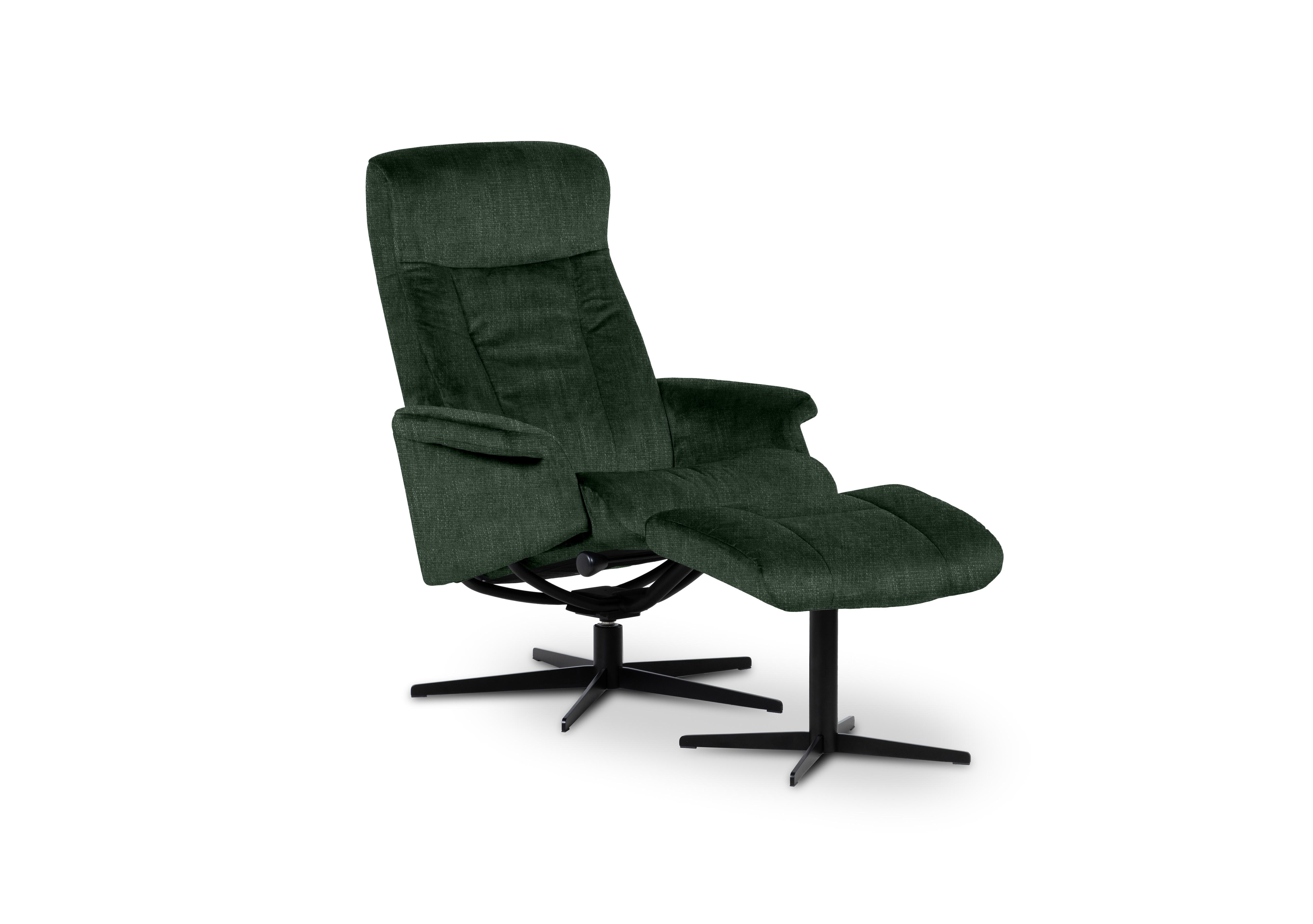 Bergen Medium Fabric Swivel Chair and Footstool with Black Base in Beamer Pine on Furniture Village