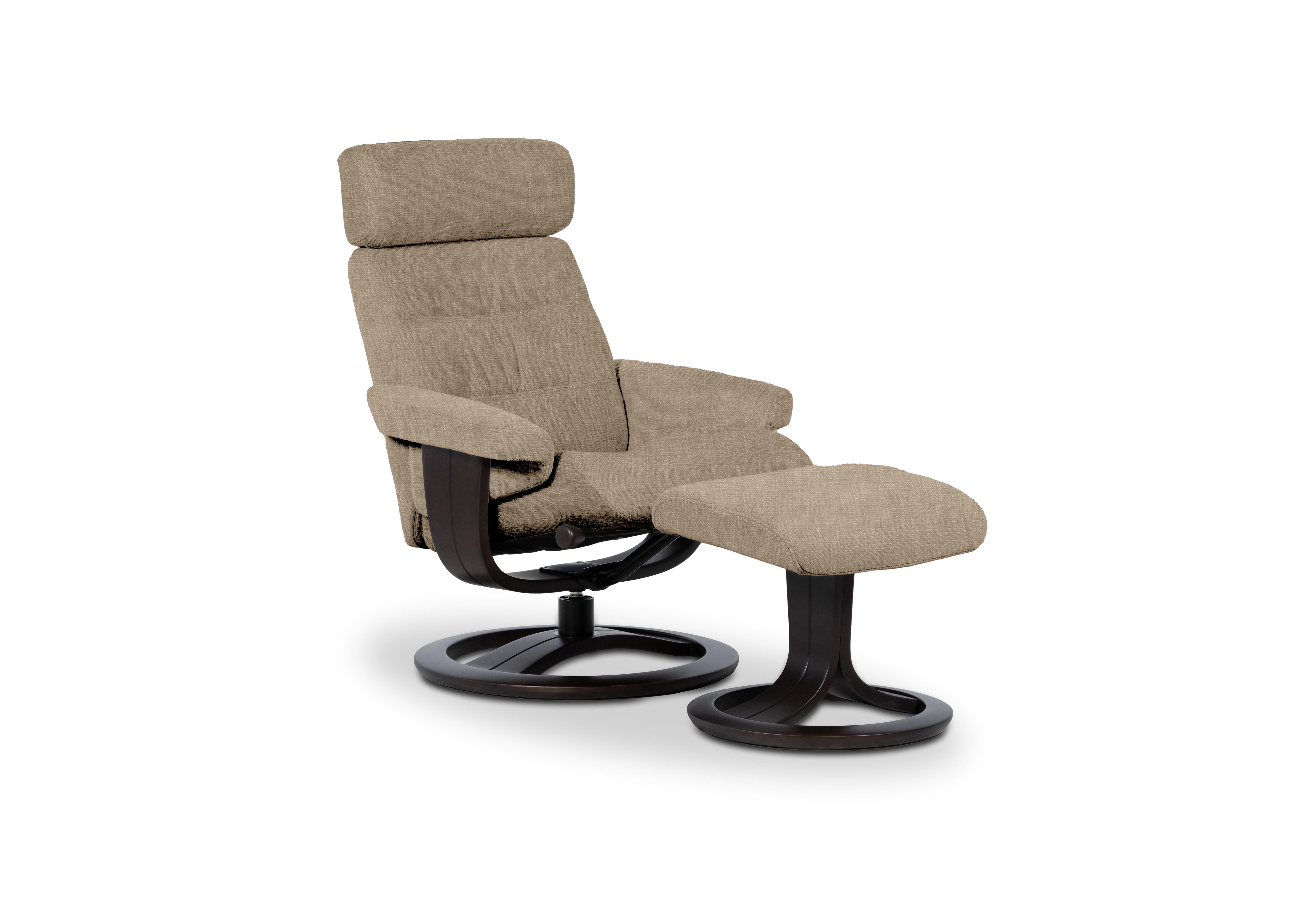 Odense Large Fabric Swivel Chair and Footstool in Beamer Karamac W902 Wenge on Furniture Village