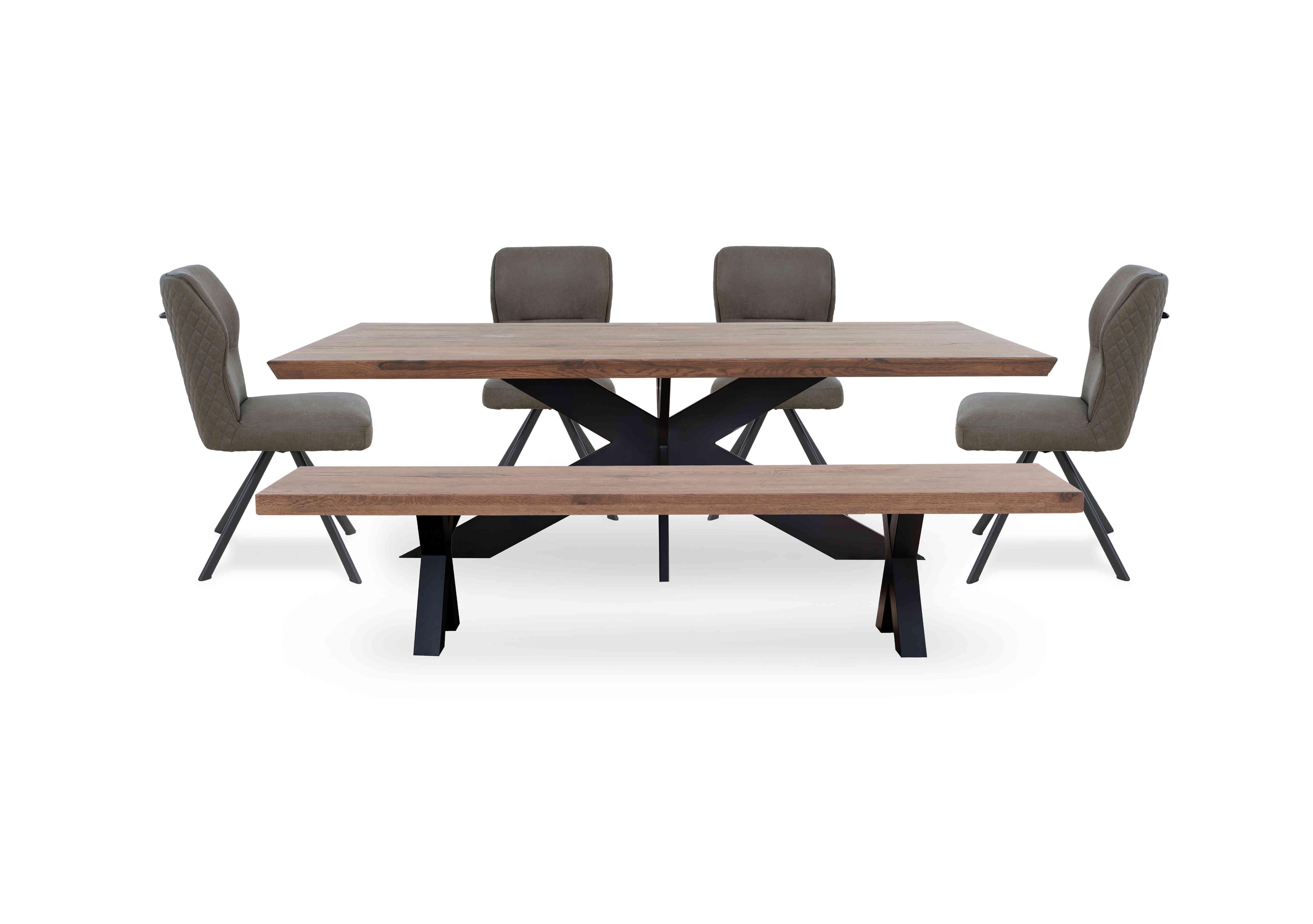 Loki Large Dining Table with Dining Bench and 4 Steel Swivel Dining Chairs in 04 Desert on Furniture Village