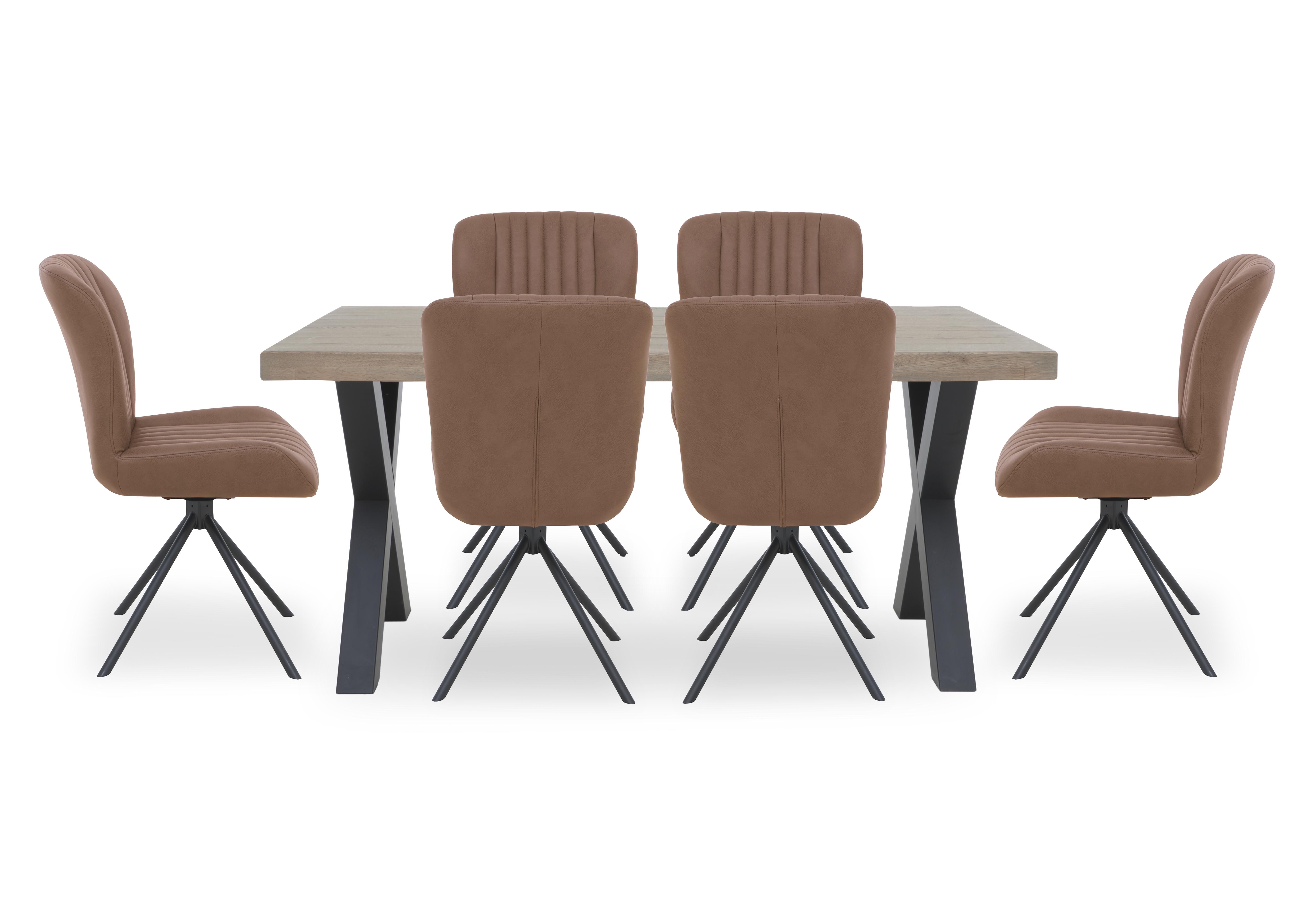 Compact Terra Straight Edge Dining Table with 6 Cognac Swivel Dining Chairs in 08 Vintage Grey on Furniture Village