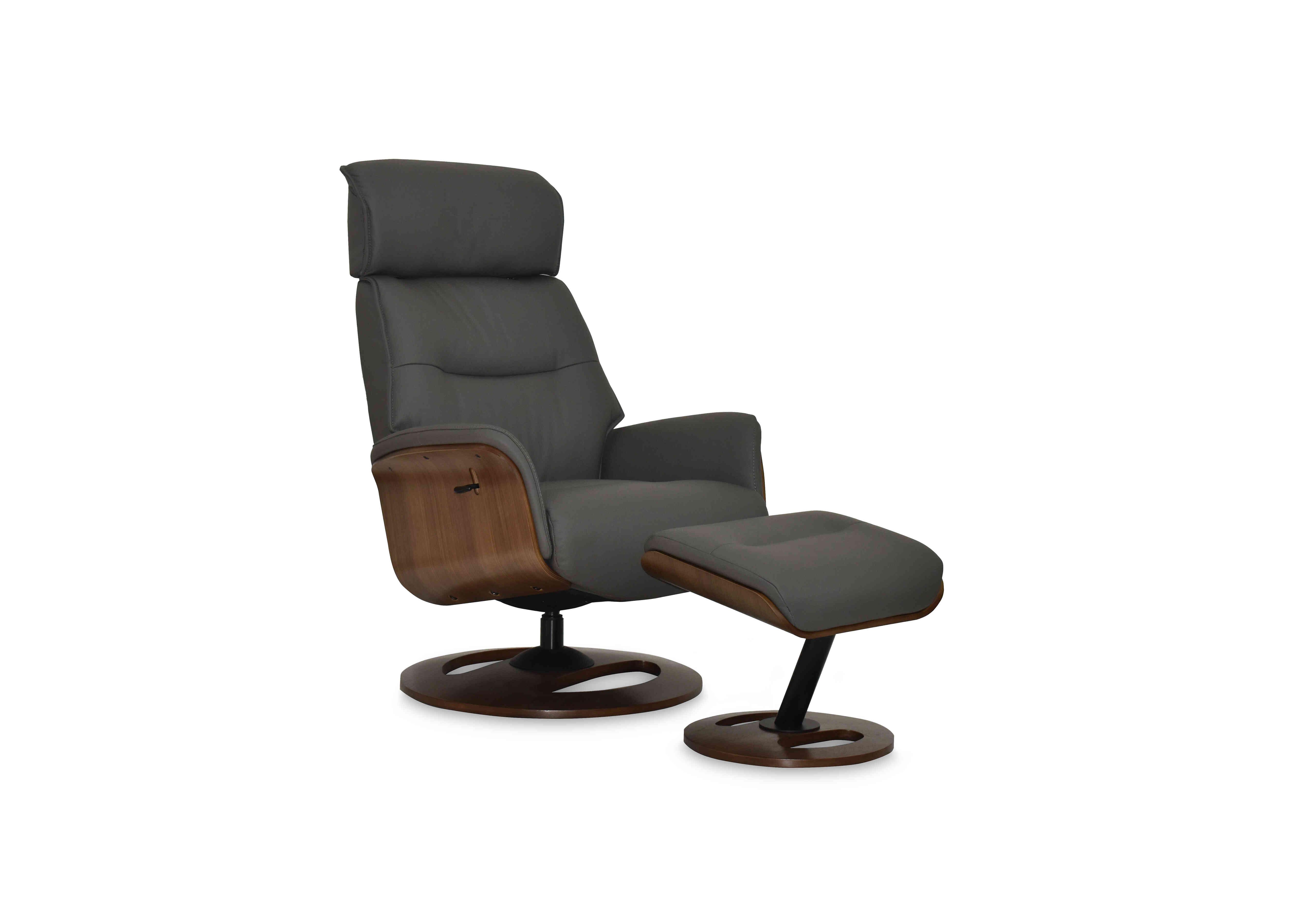 Tallinn Leather Swivel Chair and Footstool in Charcoal on Furniture Village