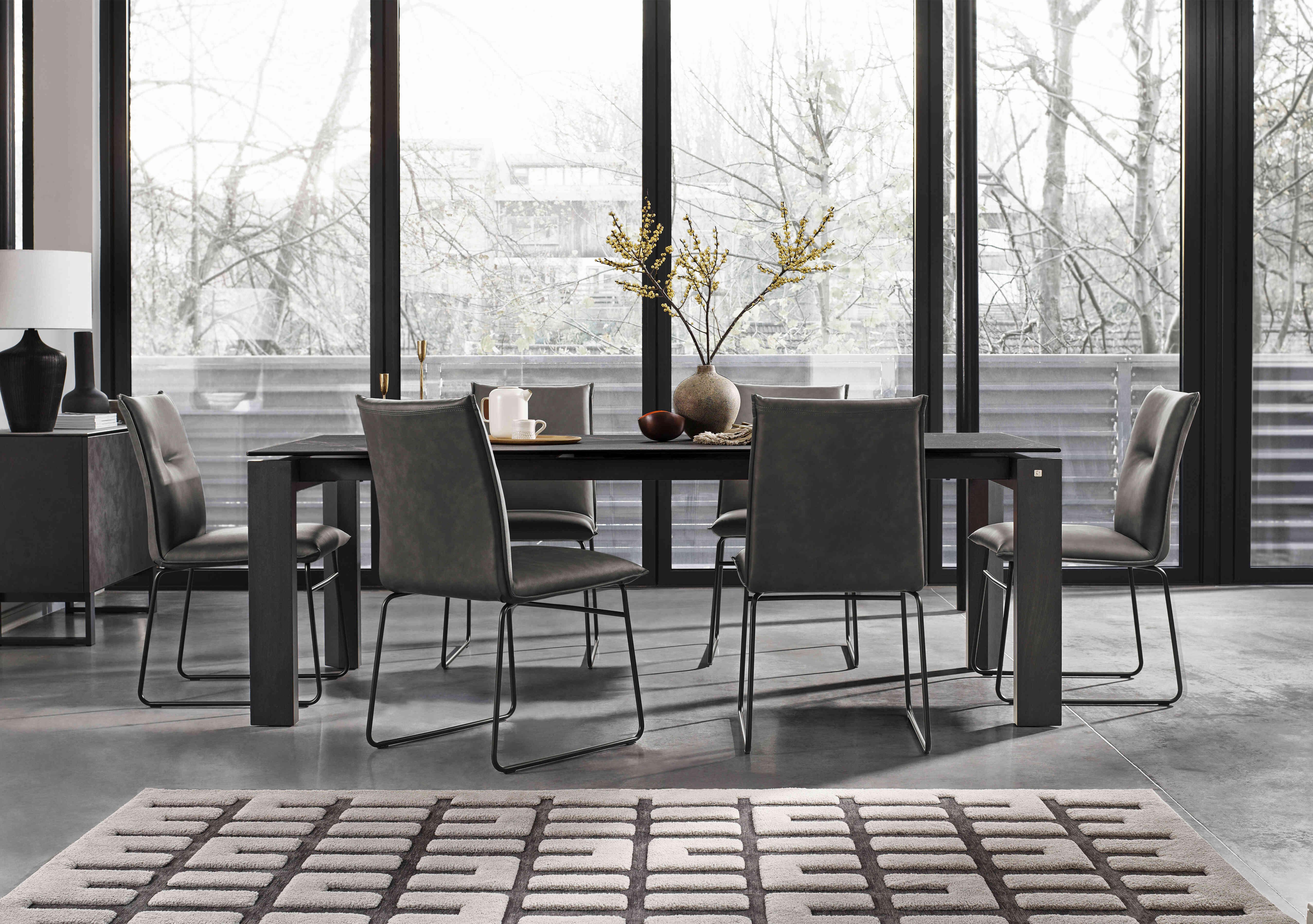 Viola 220cm Extra Large Extending Dining Table with Calacatta Ceramic Top and Graphite Wooden Legs and 6 Maya Dining Chairs in  on Furniture Village
