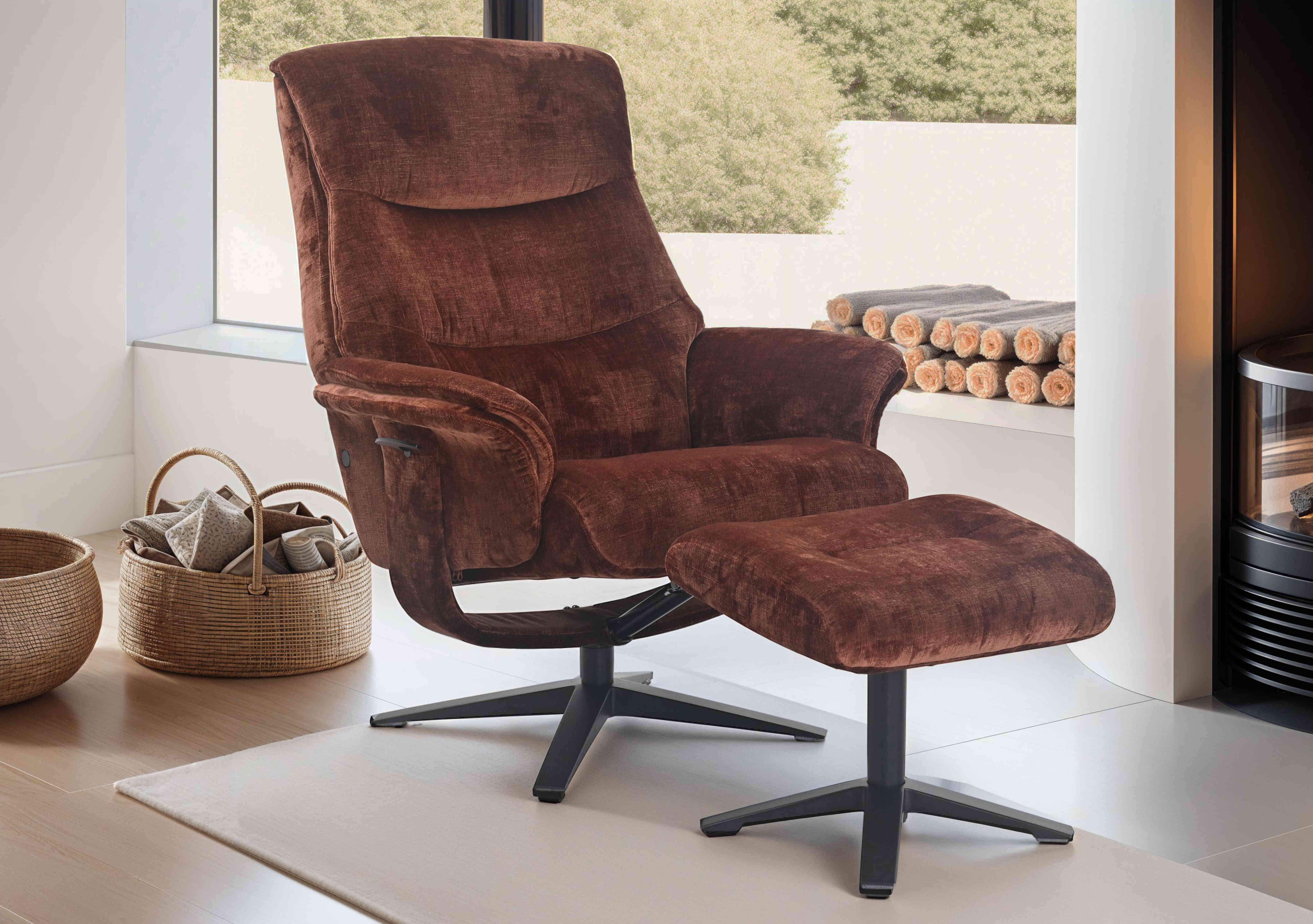 Lindos Fabric Swivel Chair and Footstool in  on Furniture Village