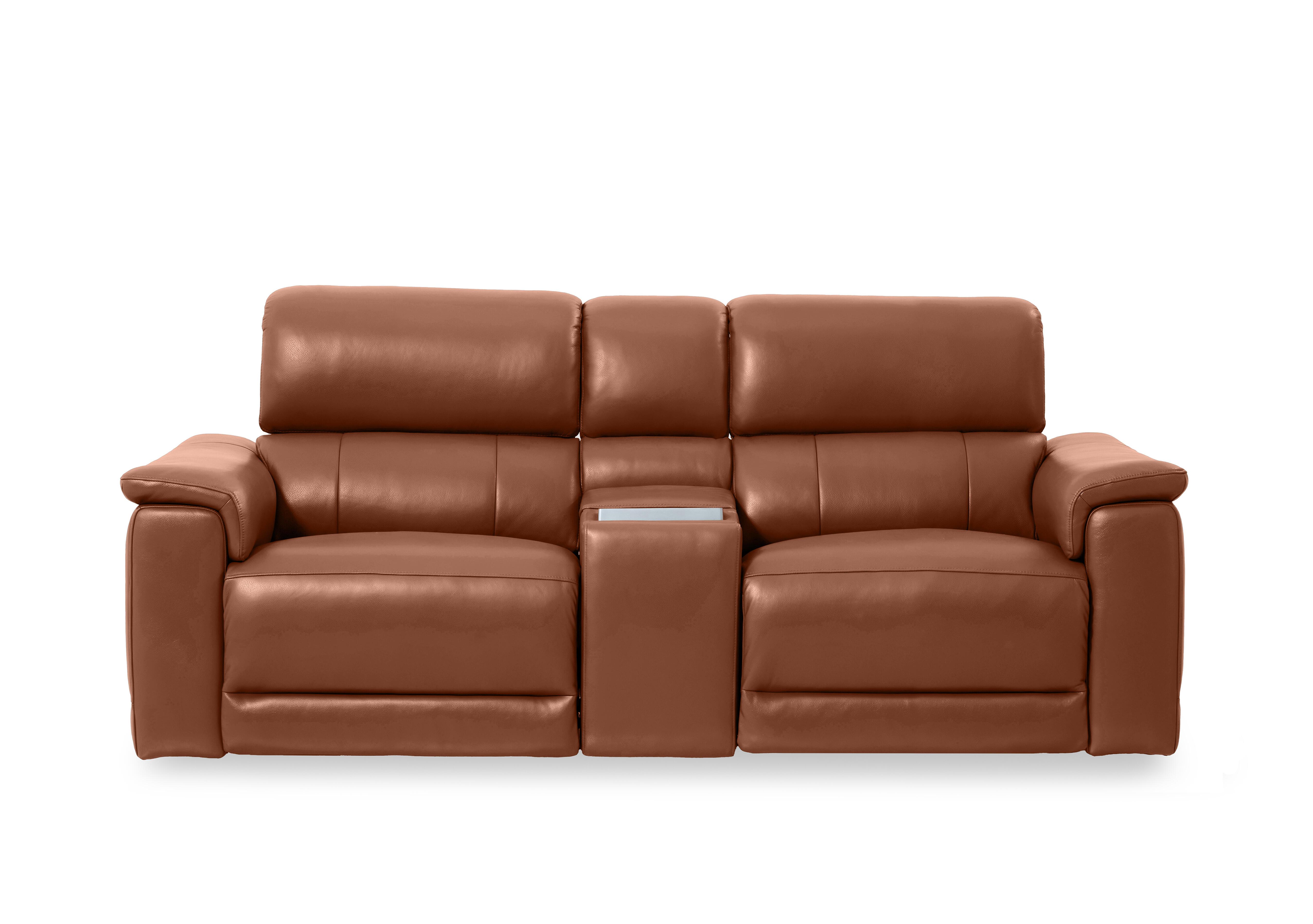 Genius Leather 2 Seater Power Recliner Media Sofa with Power Headrest, Power Lumbar and Heated Seats in Montana Butterscotch Cat-60/07 on Furniture Village