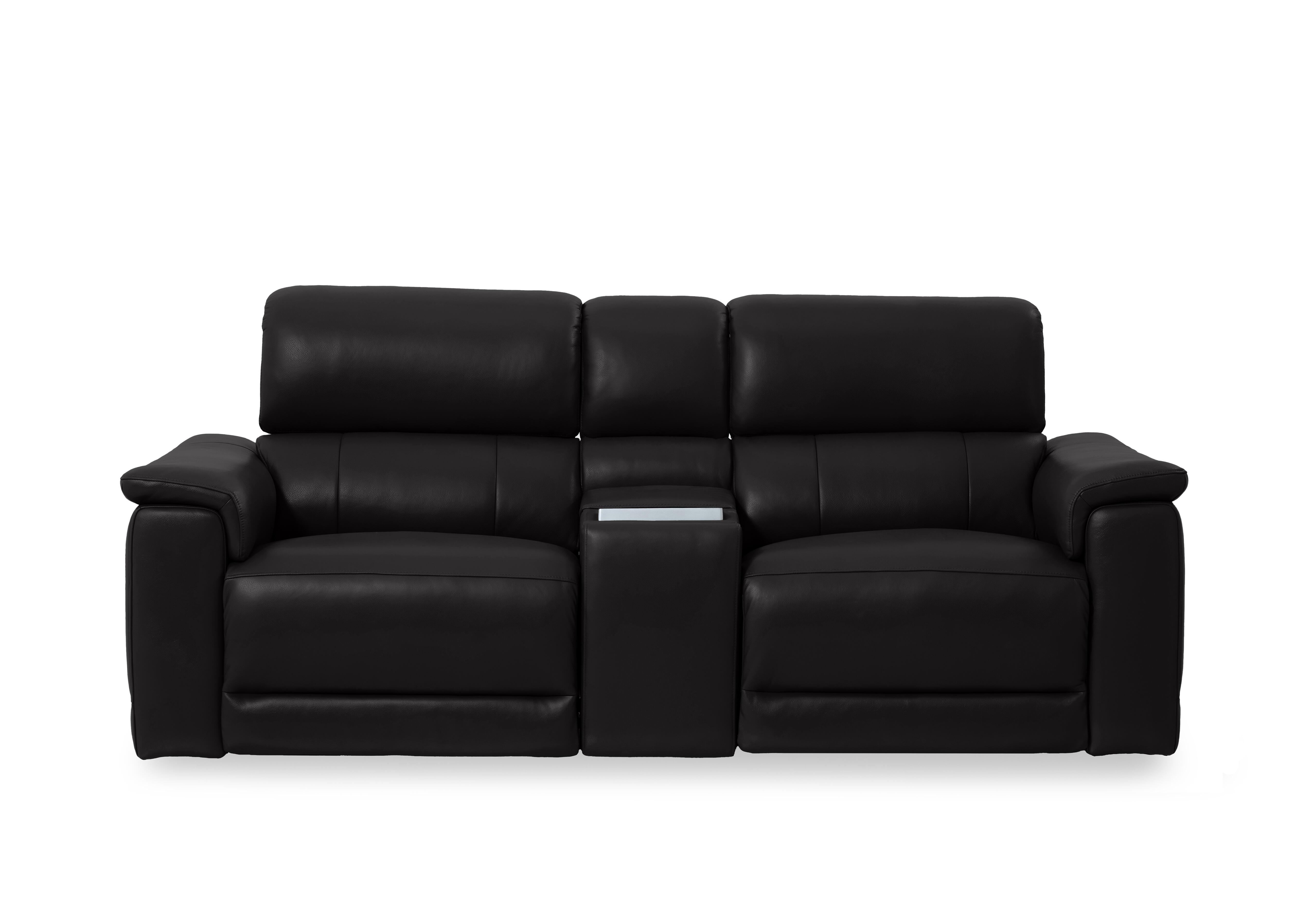 Genius Leather 2 Seater Power Recliner Media Sofa with Power Headrest, Power Lumbar and Heated Seats in Montana Jet Black Cat-60/22 on Furniture Village