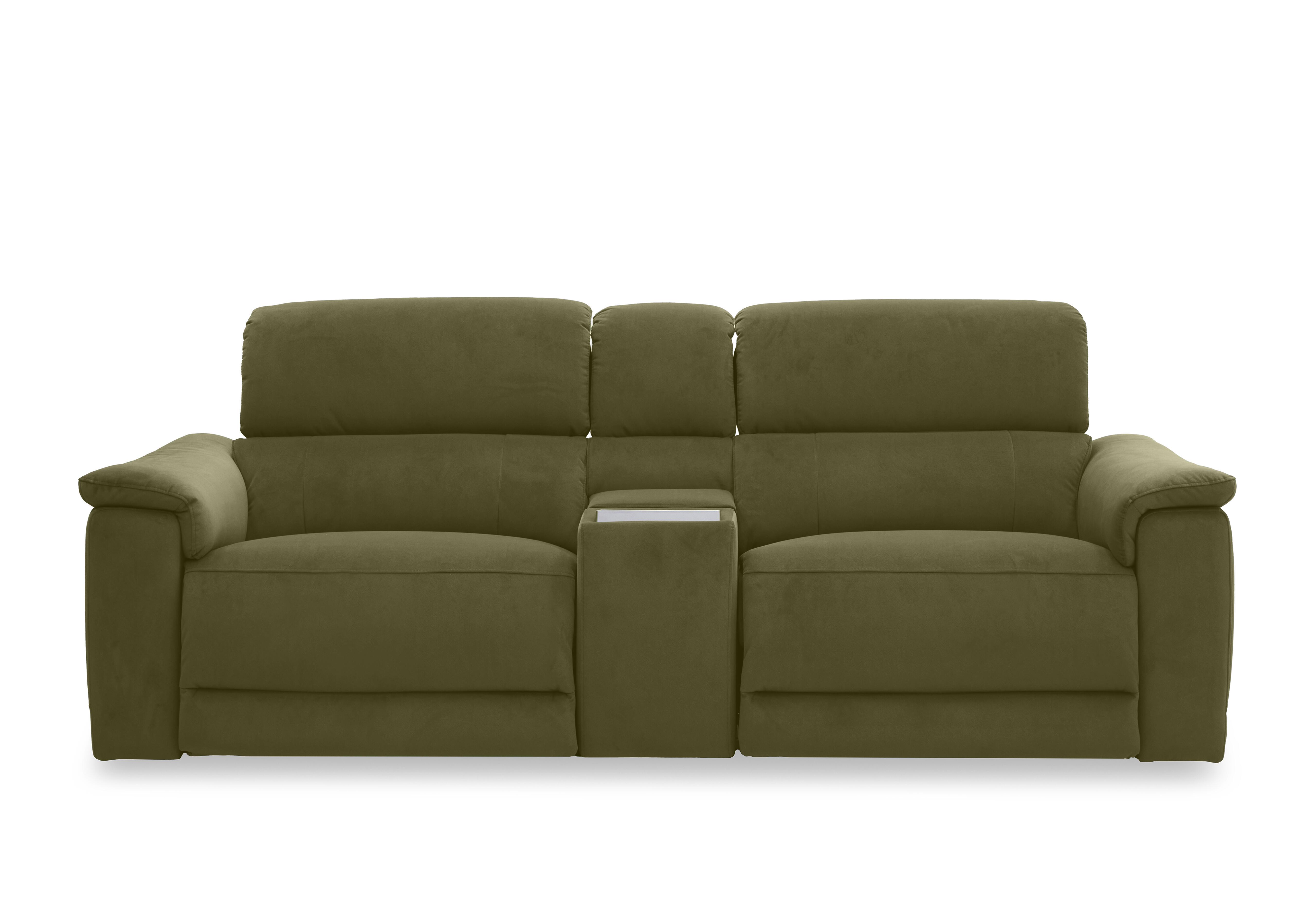 Genius Fabric 3 Seater Power Recliner Media Sofa with Power Headrests, Power Lumbar and Heated Seats in Bella Olive 43351 on Furniture Village
