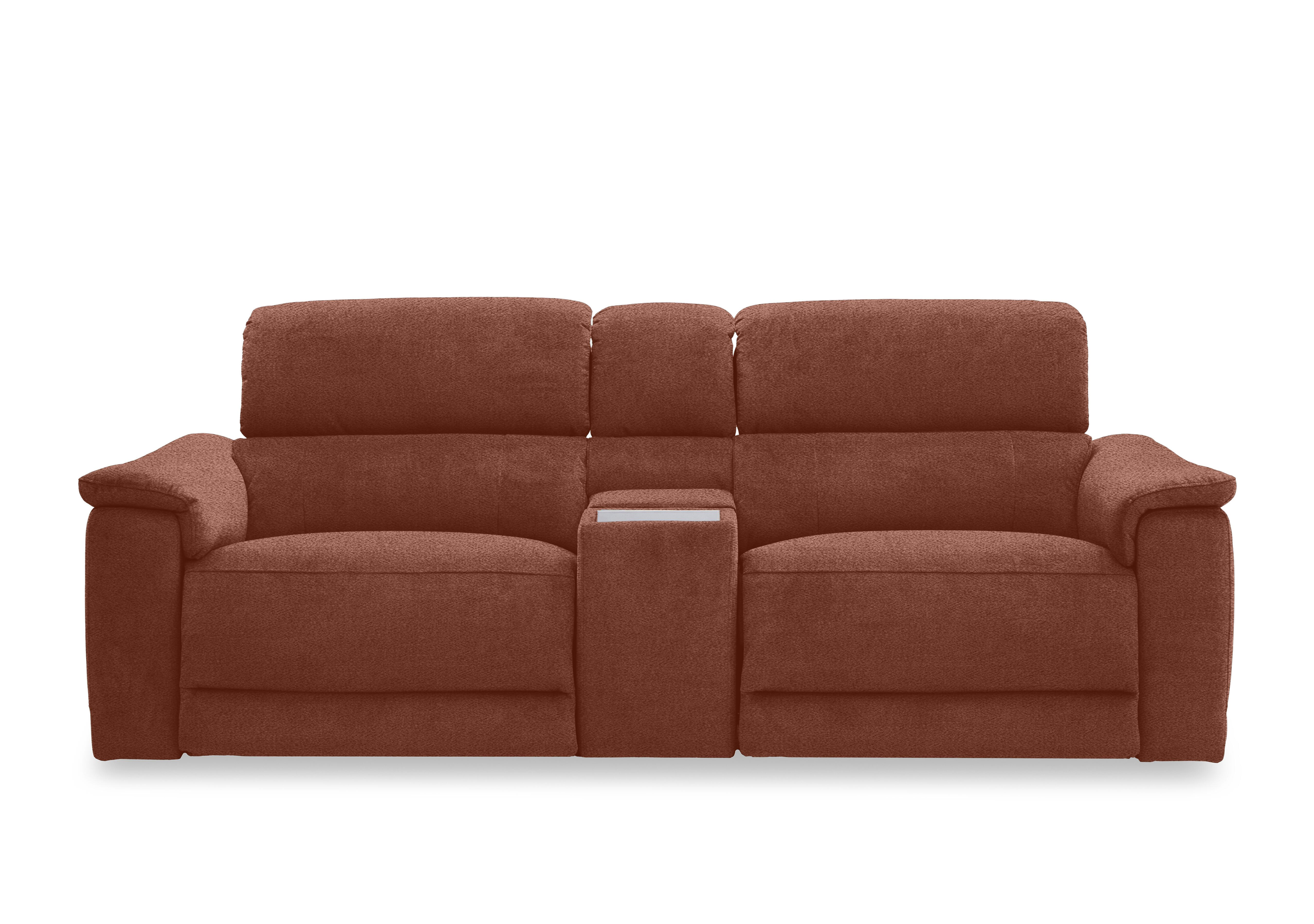 Genius Fabric 3 Seater Power Recliner Media Sofa with Power Headrests, Power Lumbar and Heated Seats in Hudson Rust 25500 on Furniture Village