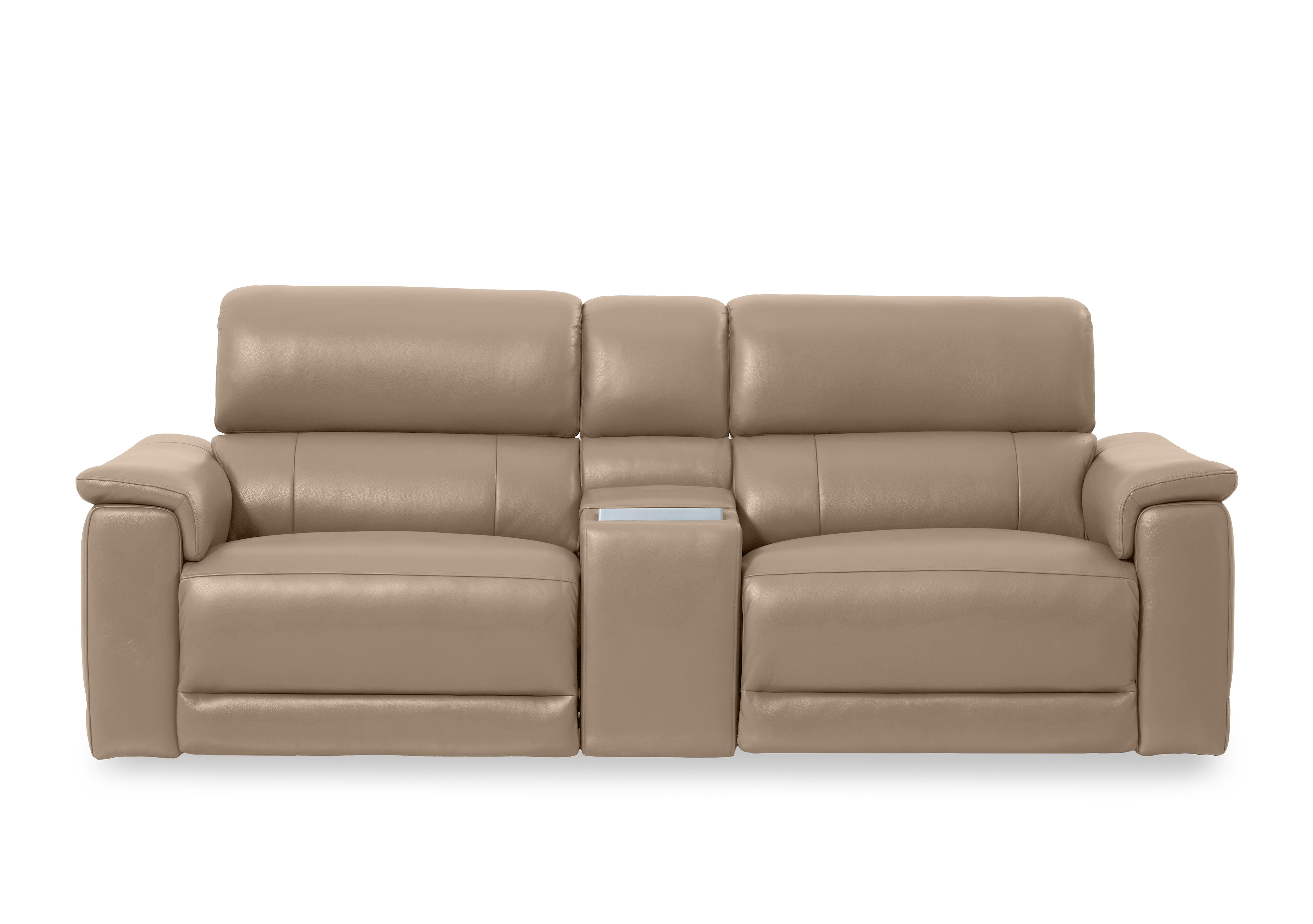 Genius Leather 3 Seater Power Recliner Media Sofa with Power Headrests, Power Lumbar and Heated Seats in Montana Barley Cat-60/06 on Furniture Village