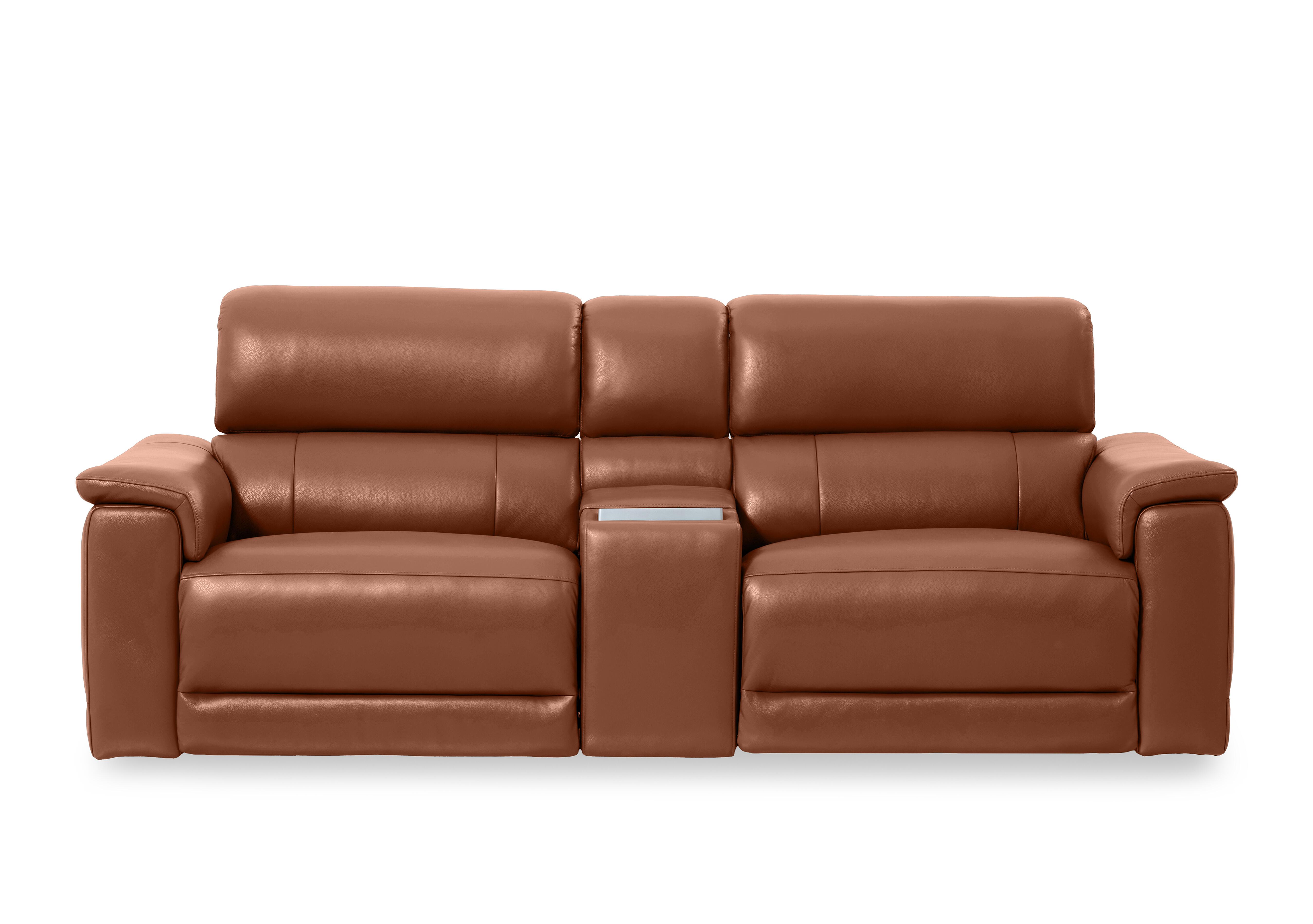 Genius Leather 3 Seater Power Recliner Media Sofa with Power Headrests, Power Lumbar and Heated Seats in Montana Butterscotch Cat-60/07 on Furniture Village