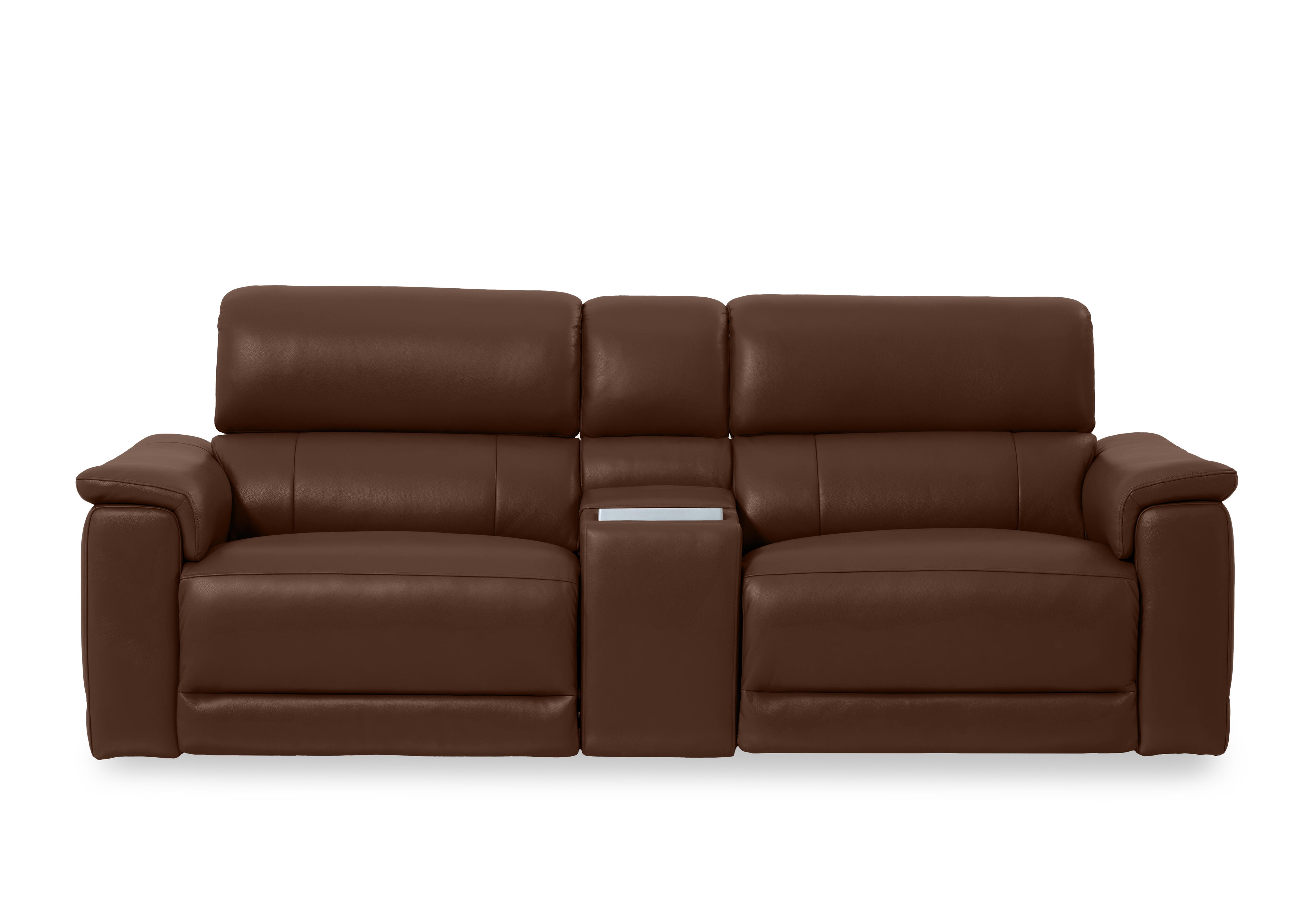 Genius Leather 3 Seater Power Recliner Media Sofa with Power Headrests, Power Lumbar and Heated Seats in Montana Chocolate Cat-60/08 on Furniture Village