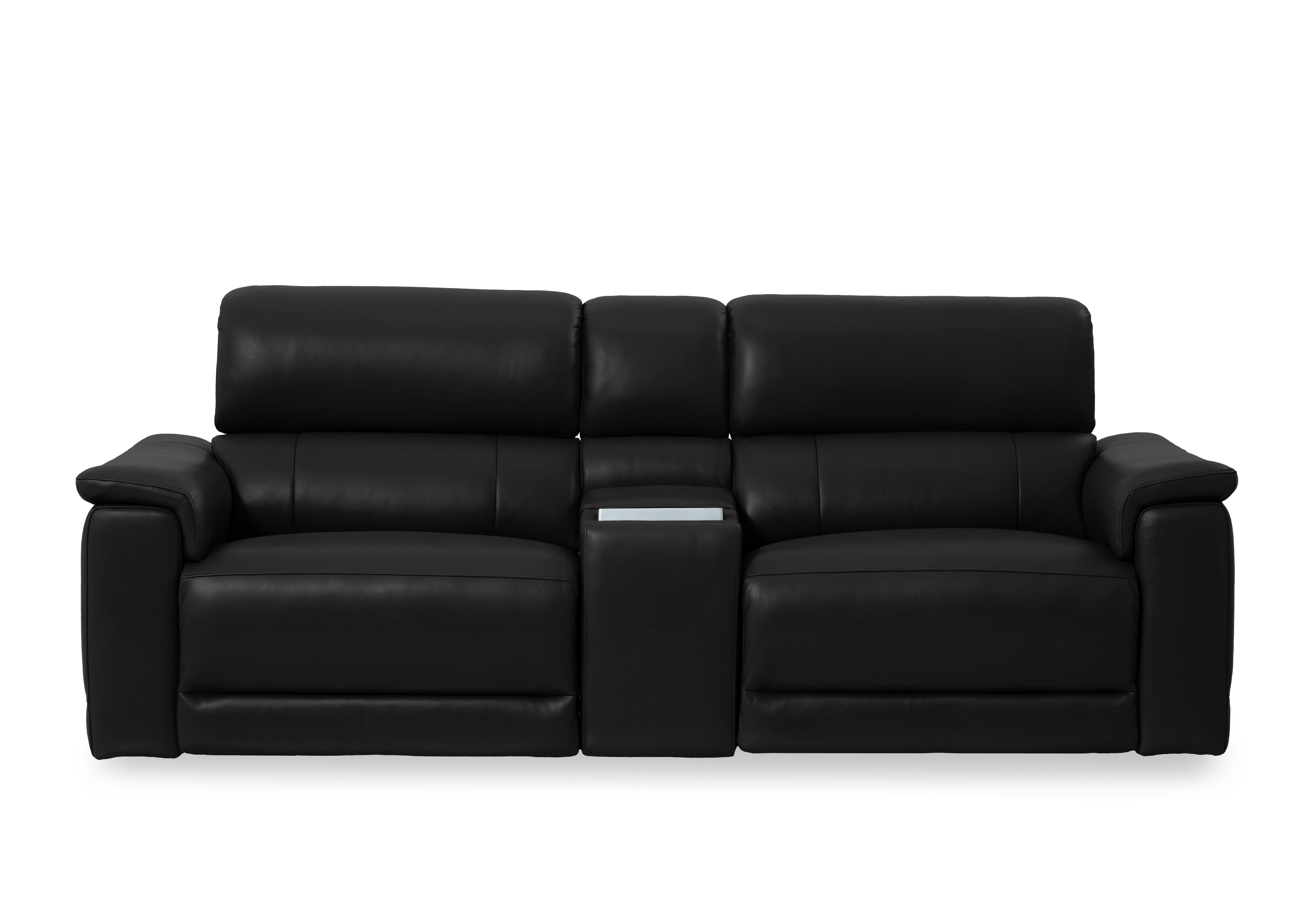 Genius Leather 3 Seater Power Recliner Media Sofa with Power Headrests, Power Lumbar and Heated Seats in Montana Jet Black Cat-60/22 on Furniture Village