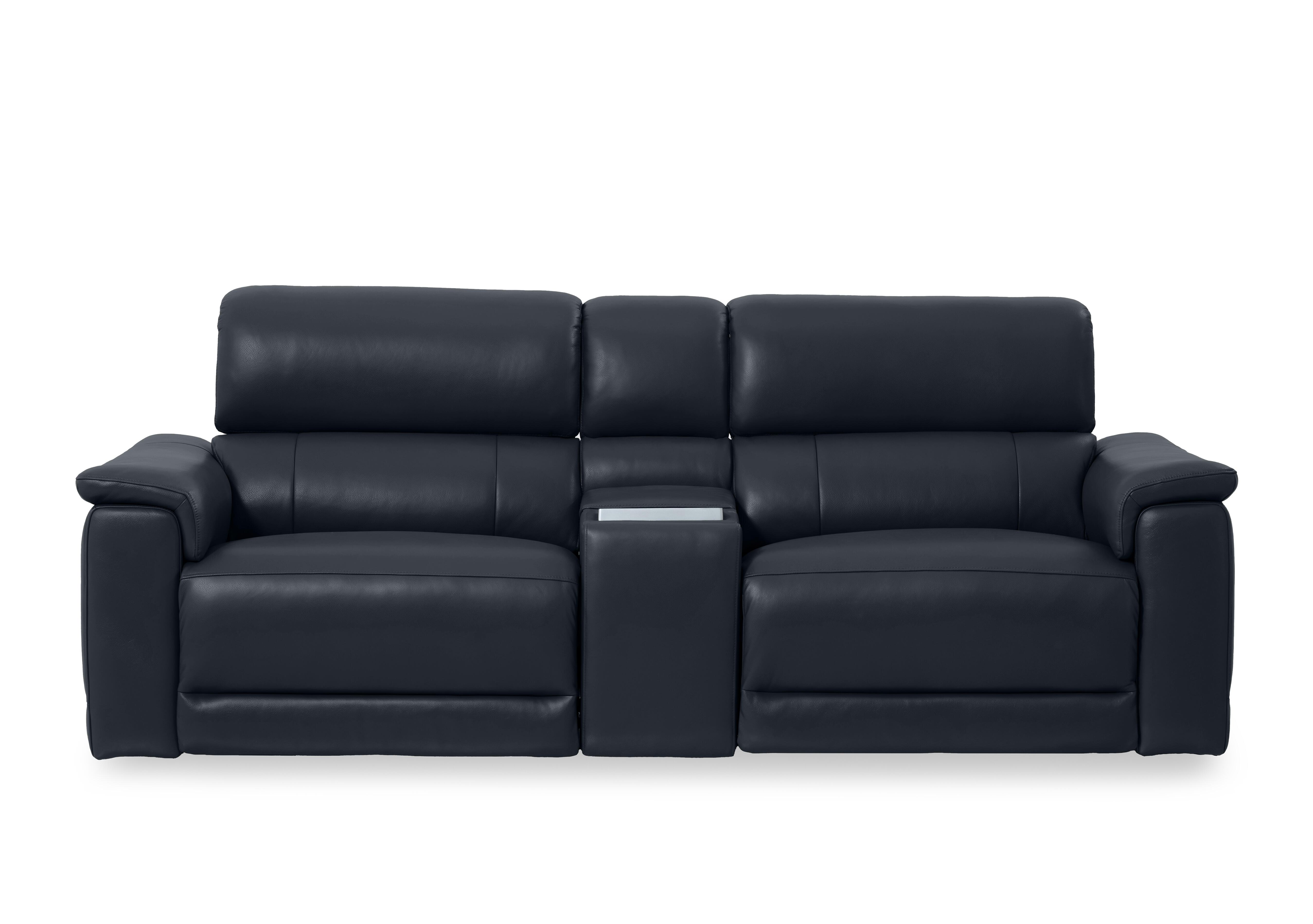 Genius Leather 3 Seater Power Recliner Media Sofa with Power Headrests, Power Lumbar and Heated Seats in Montana Navy Cat-60/24 on Furniture Village