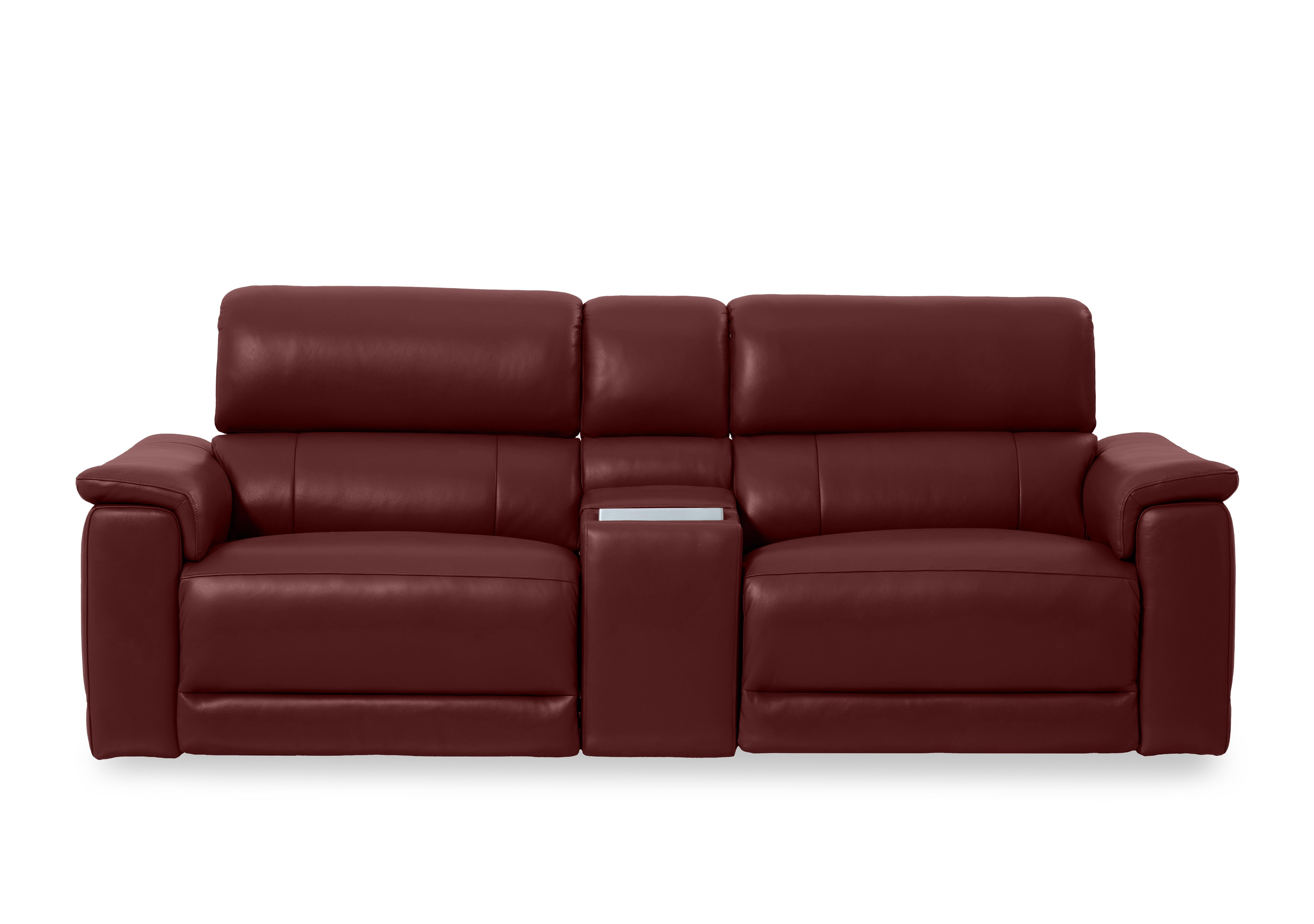Genius Leather 3 Seater Power Recliner Media Sofa with Power Headrests, Power Lumbar and Heated Seats in Montana Ruby Cat-60/15 on Furniture Village