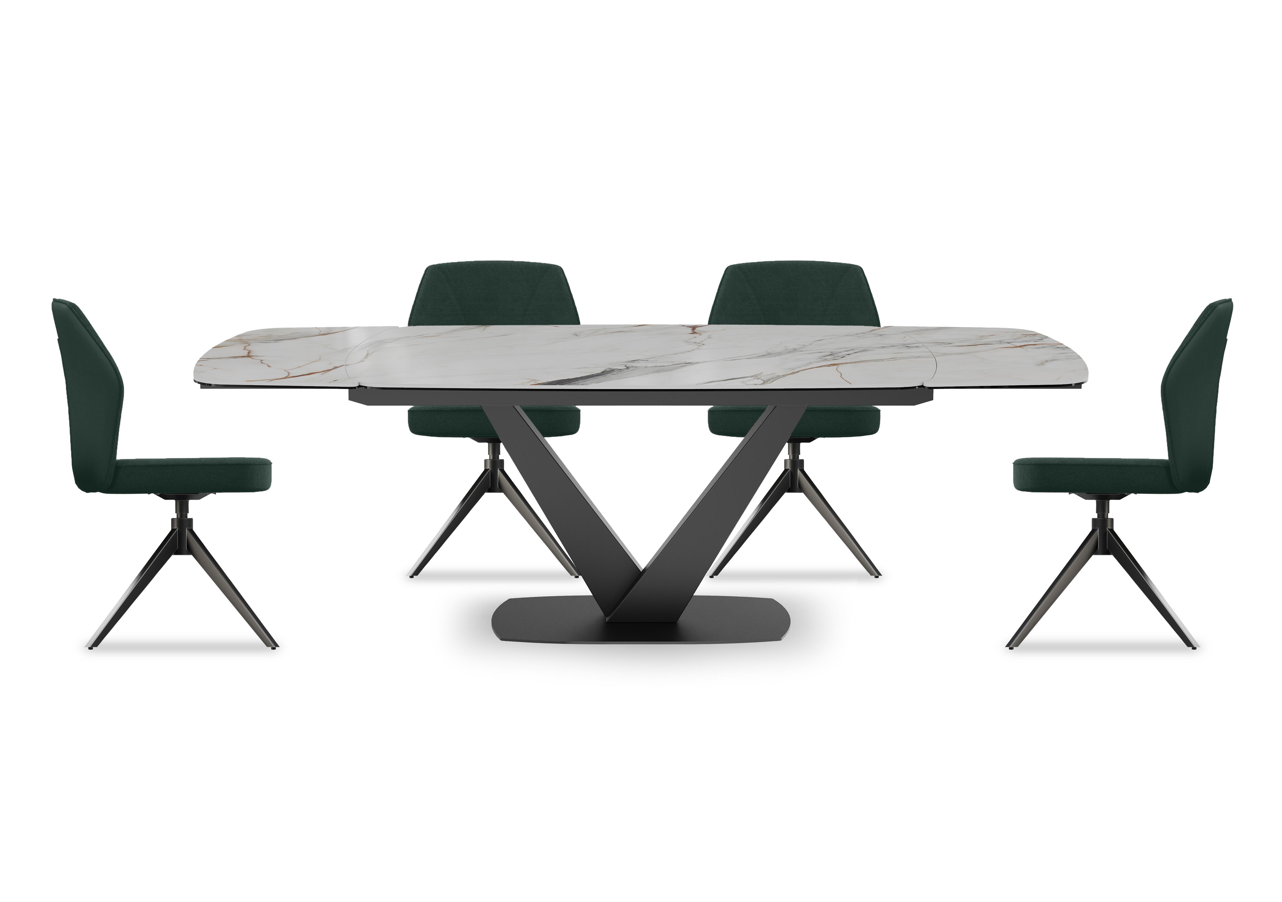 Julio Medium 160cm Draw Leaf Extending Dining Table in Fiorentio Marble Ceramic with 4 Dining Chairs in Fir Green on Furniture Village