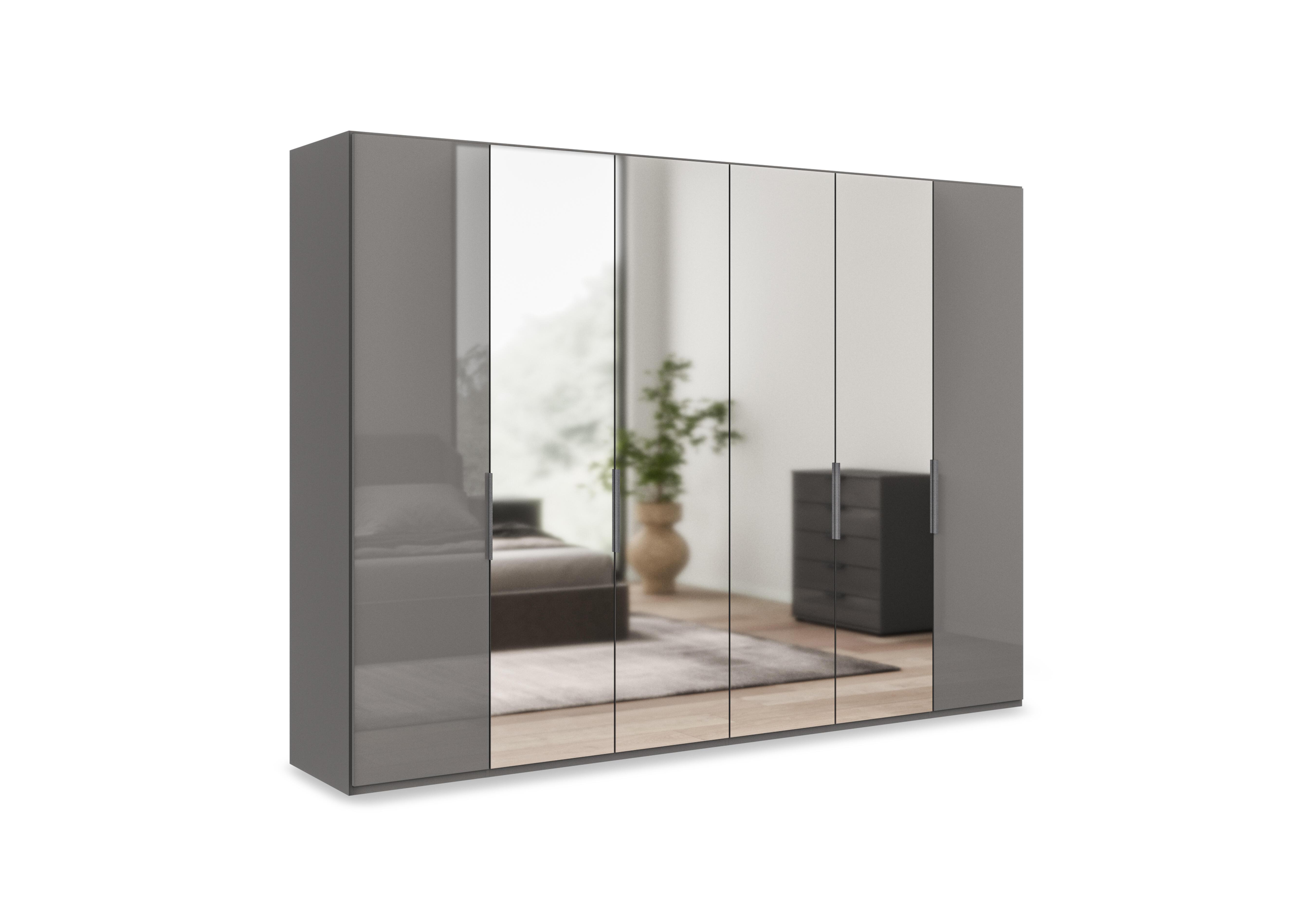 Amara 300cm 6 Door Hinged Wardrobe with 2 Glass Doors and 4 Mirror Doors in Lava on Furniture Village