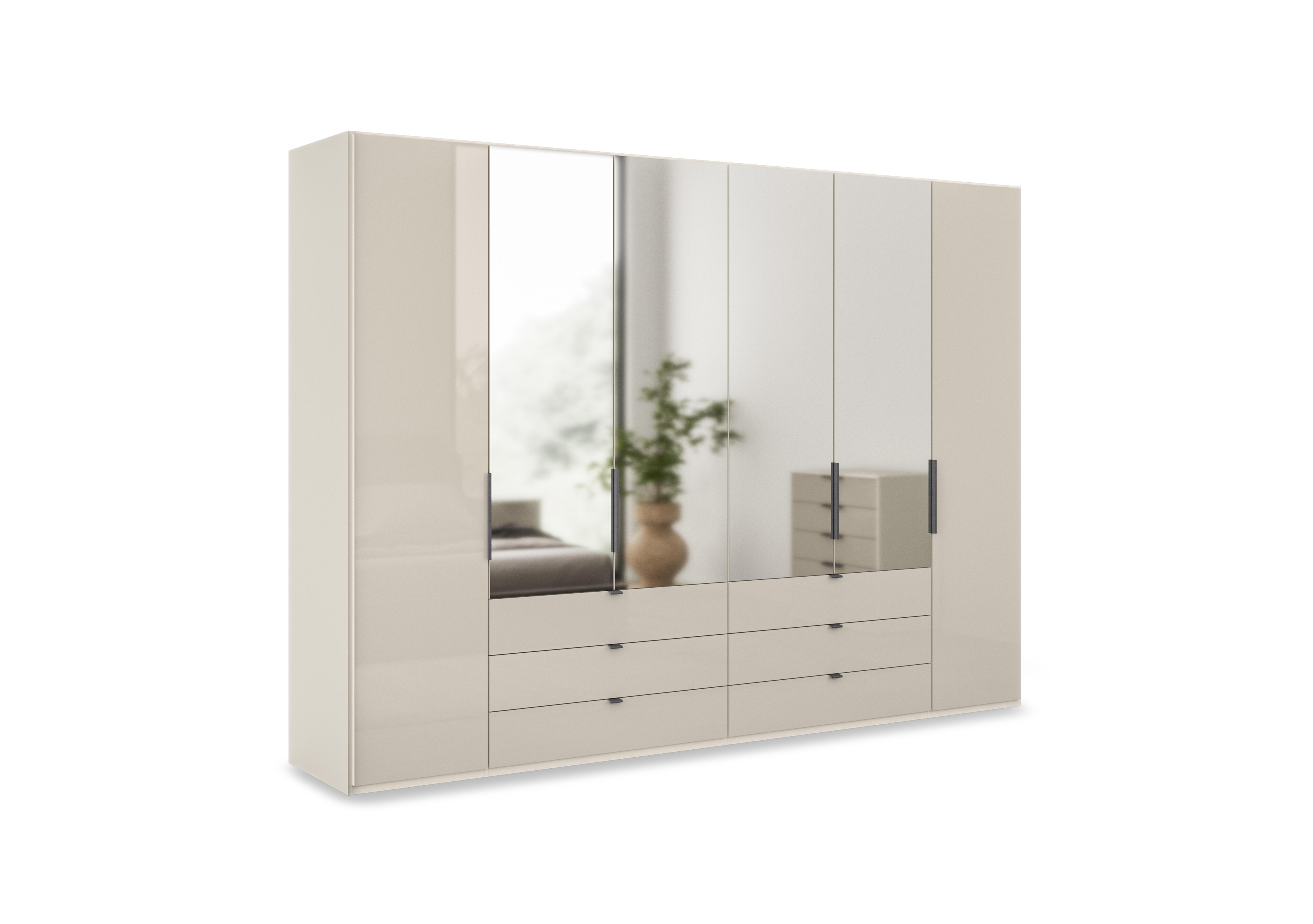 Amara 300cm 6 Door Bifold Combi Wardrobe with 4 Mirror Doors, 2 Glass Doors and 6 Glass Drawers in Champagne on Furniture Village