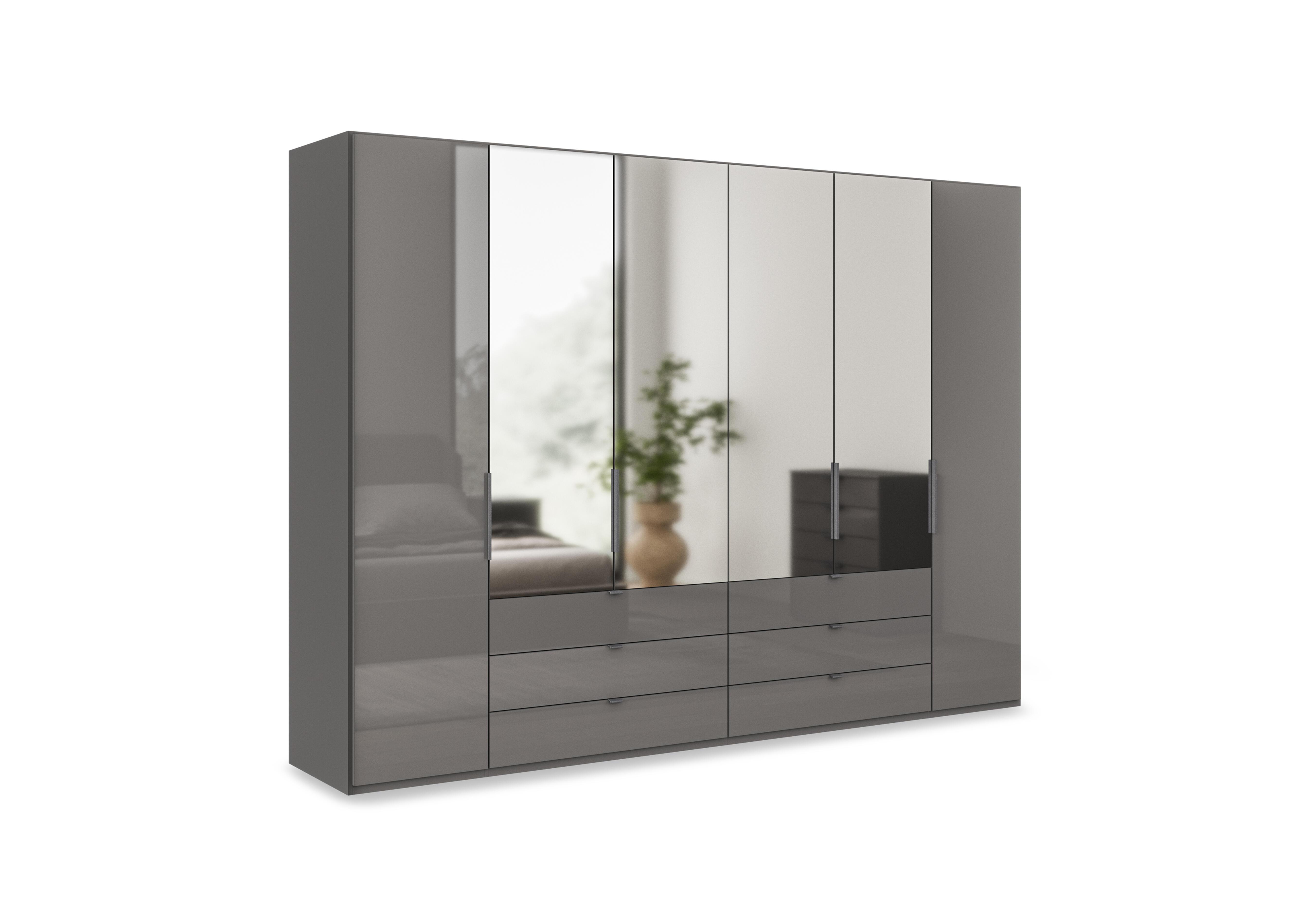 Amara 300cm 6 Door Bifold Combi Wardrobe with 4 Mirror Doors, 2 Glass Doors and 6 Glass Drawers in Lava on Furniture Village