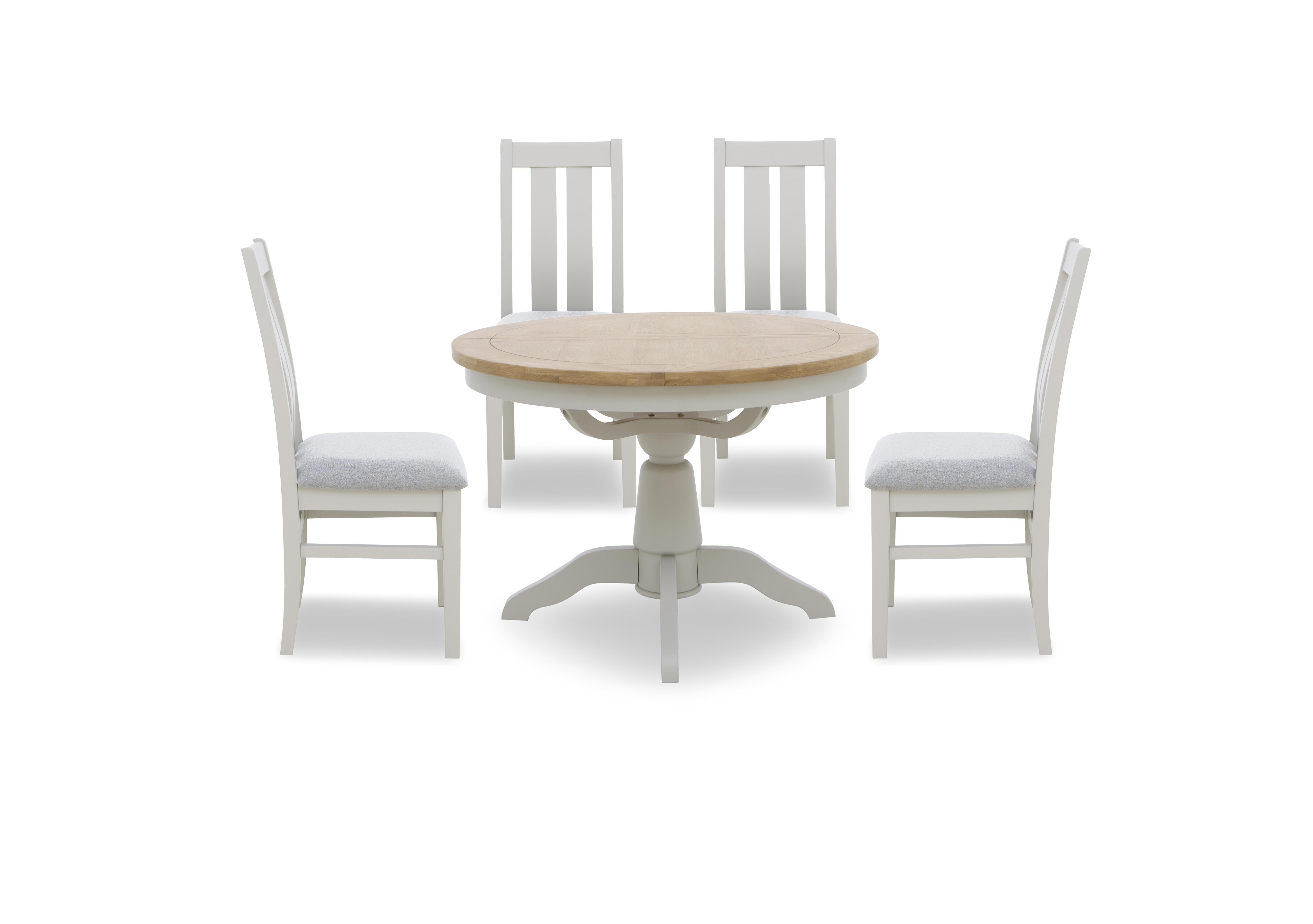 Lewis Round Pedestal Butterfly Extending Dining Table and 4 Wooden Slatted Back Dining Chairs in Mist on Furniture Village