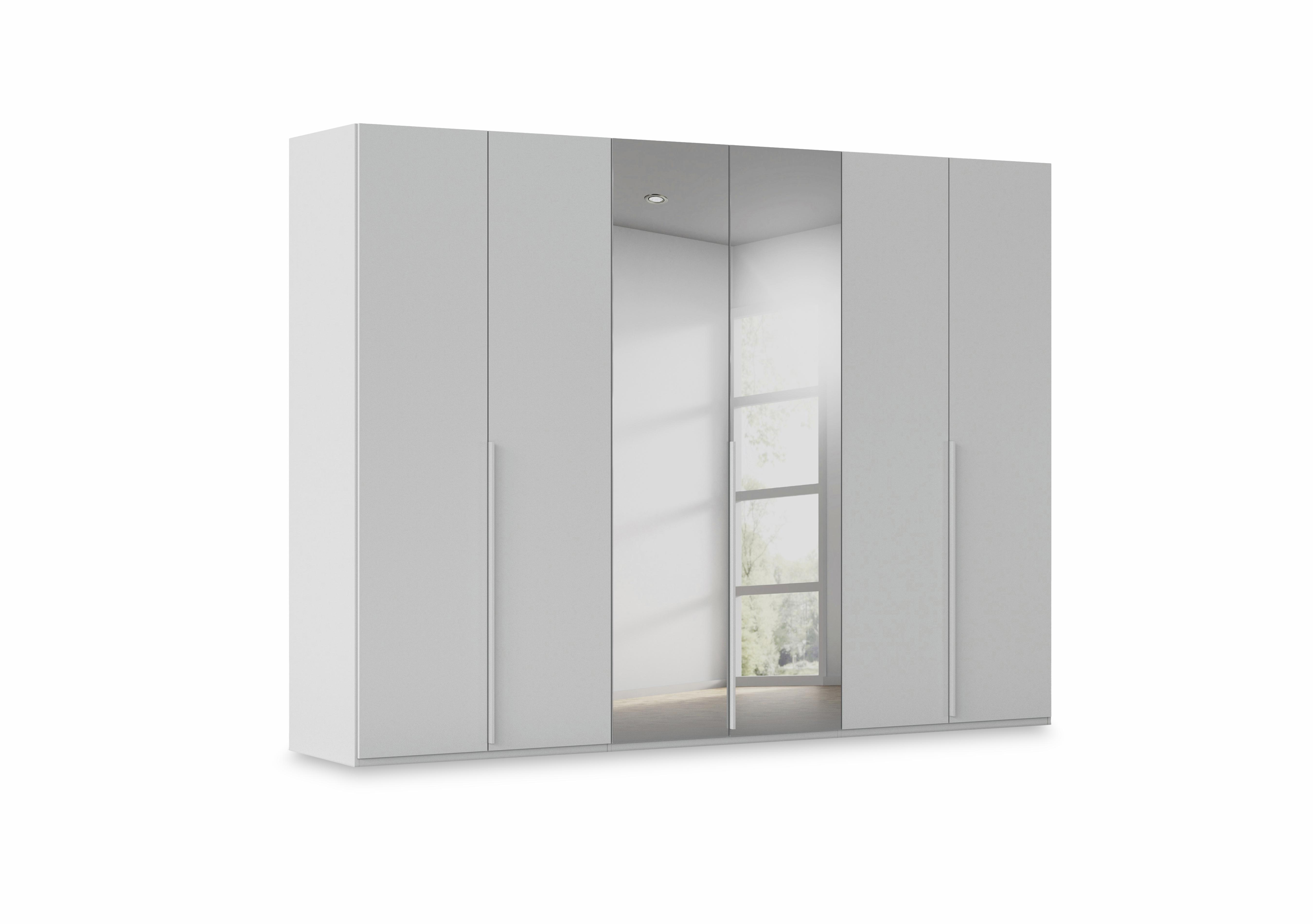 Haven 301cm 6 Door Hinged Wardrobe with 4 D&eacute;cor Doors and 2 Mirror Doors in Agd2l Silk Grey Silk Grey Frnt on Furniture Village