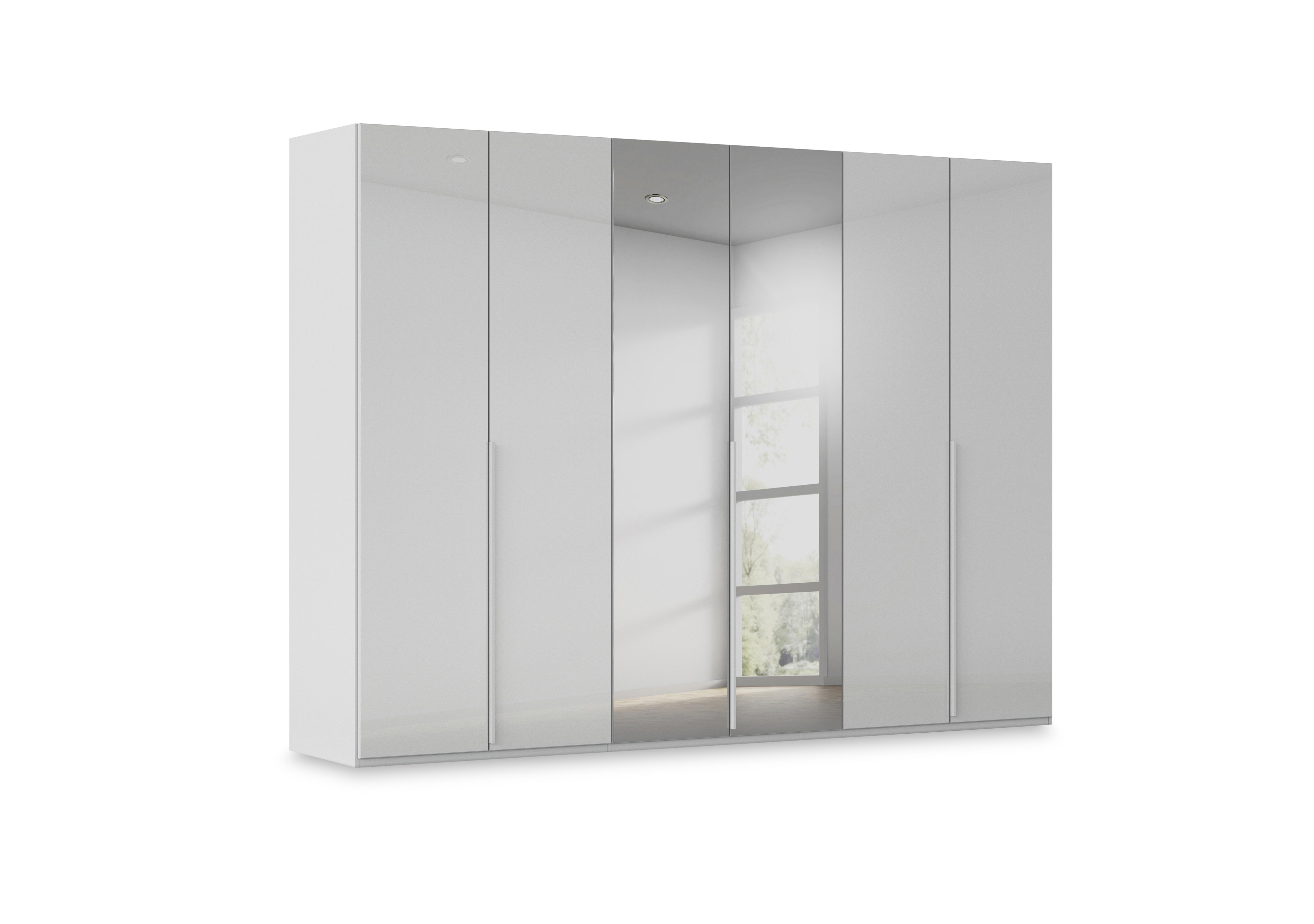 Haven 301cm 6 Door Hinged Wardrobe with 4 Glass Doors and 2 Mirror Doors in Agg2l Silk Gry Silk Gr Gls Frn on Furniture Village