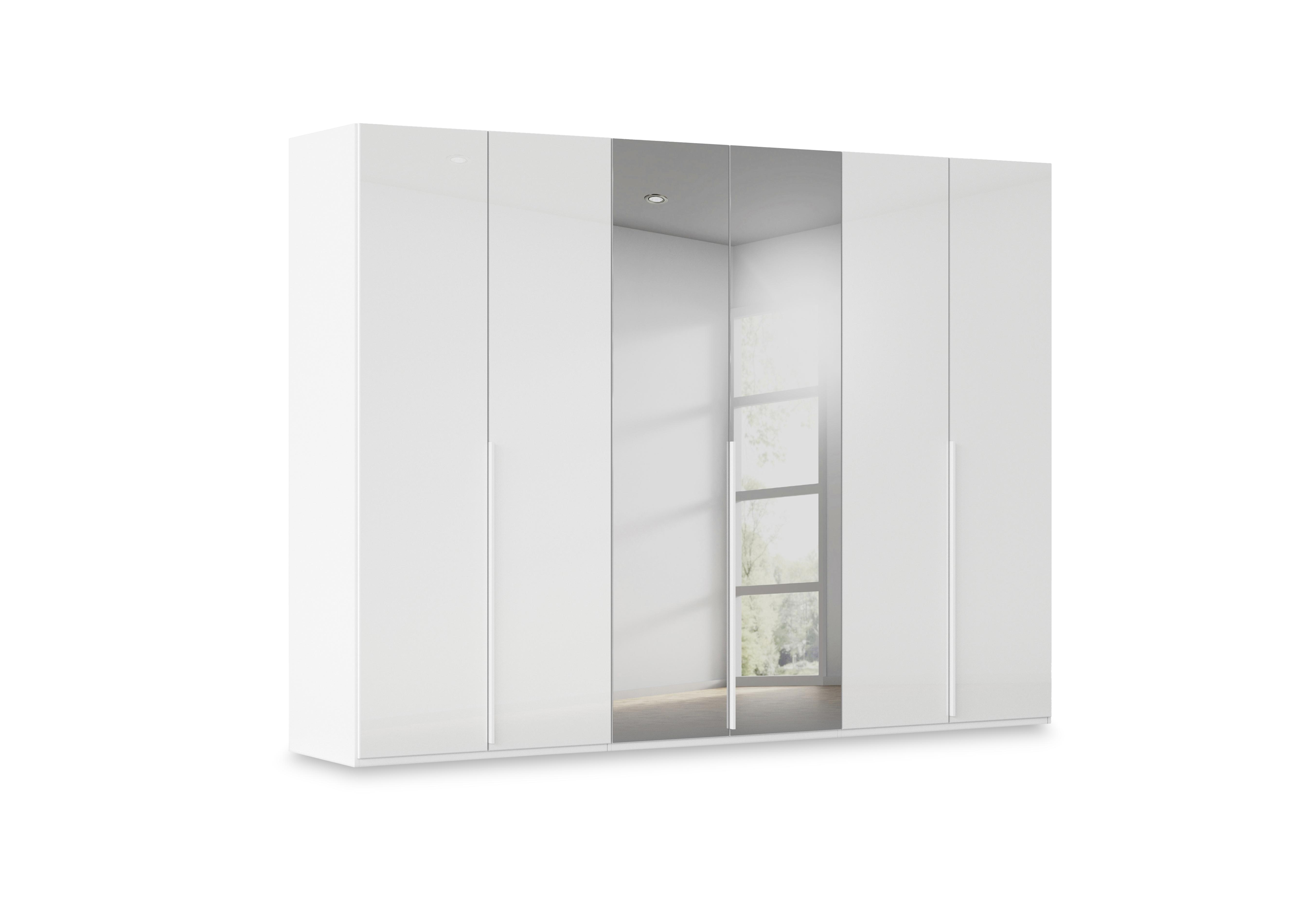 Haven 301cm 6 Door Hinged Wardrobe with 4 Glass Doors and 2 Mirror Doors in Awg1l Alpine Wht Wht Gls Frnt on Furniture Village