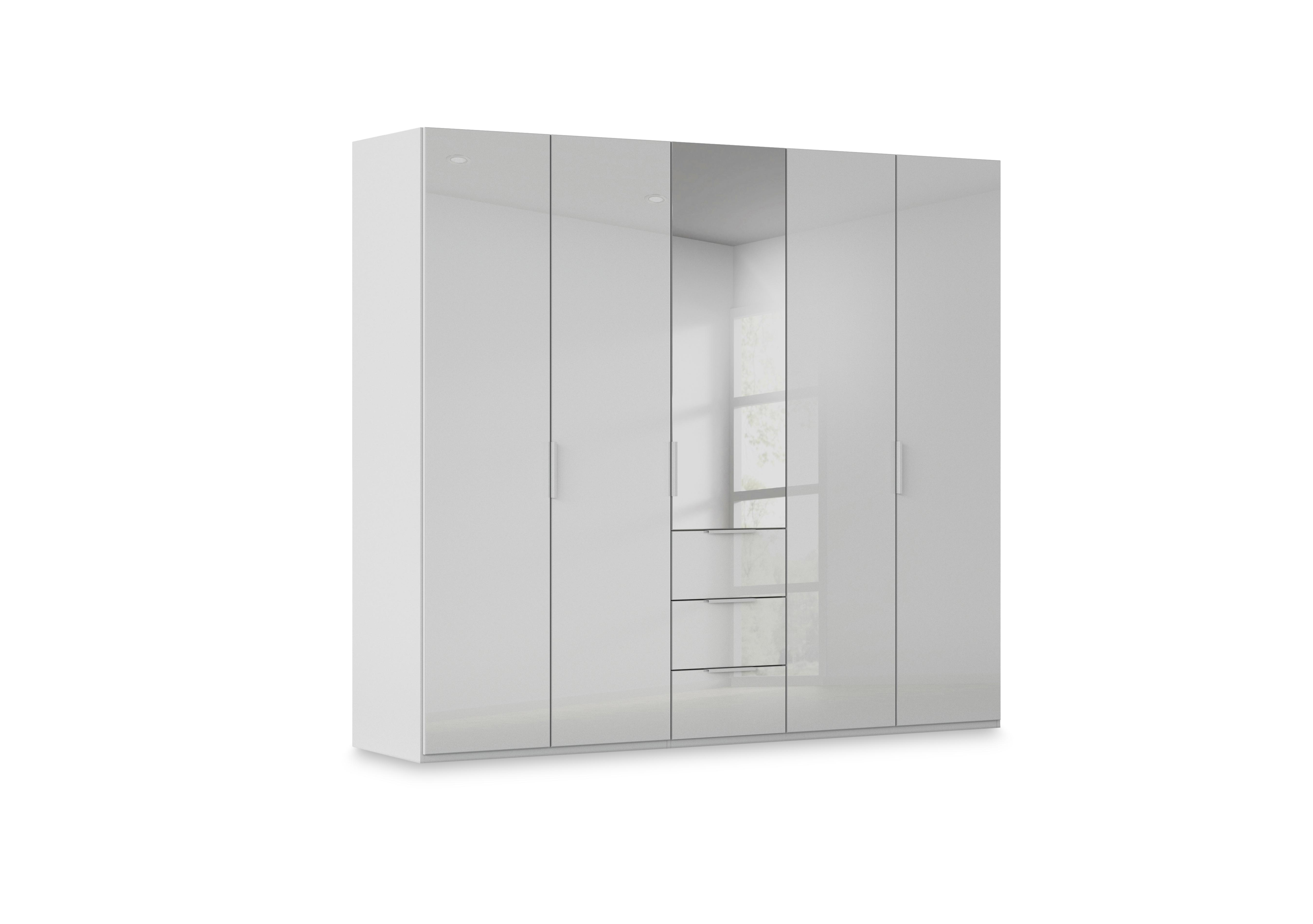 Haven 251cm 5 Door Combi Wardrobe with 4 Glass Doors and 1 Mirror Door in Agg2k Silk Grey Silk Grey Frnt on Furniture Village