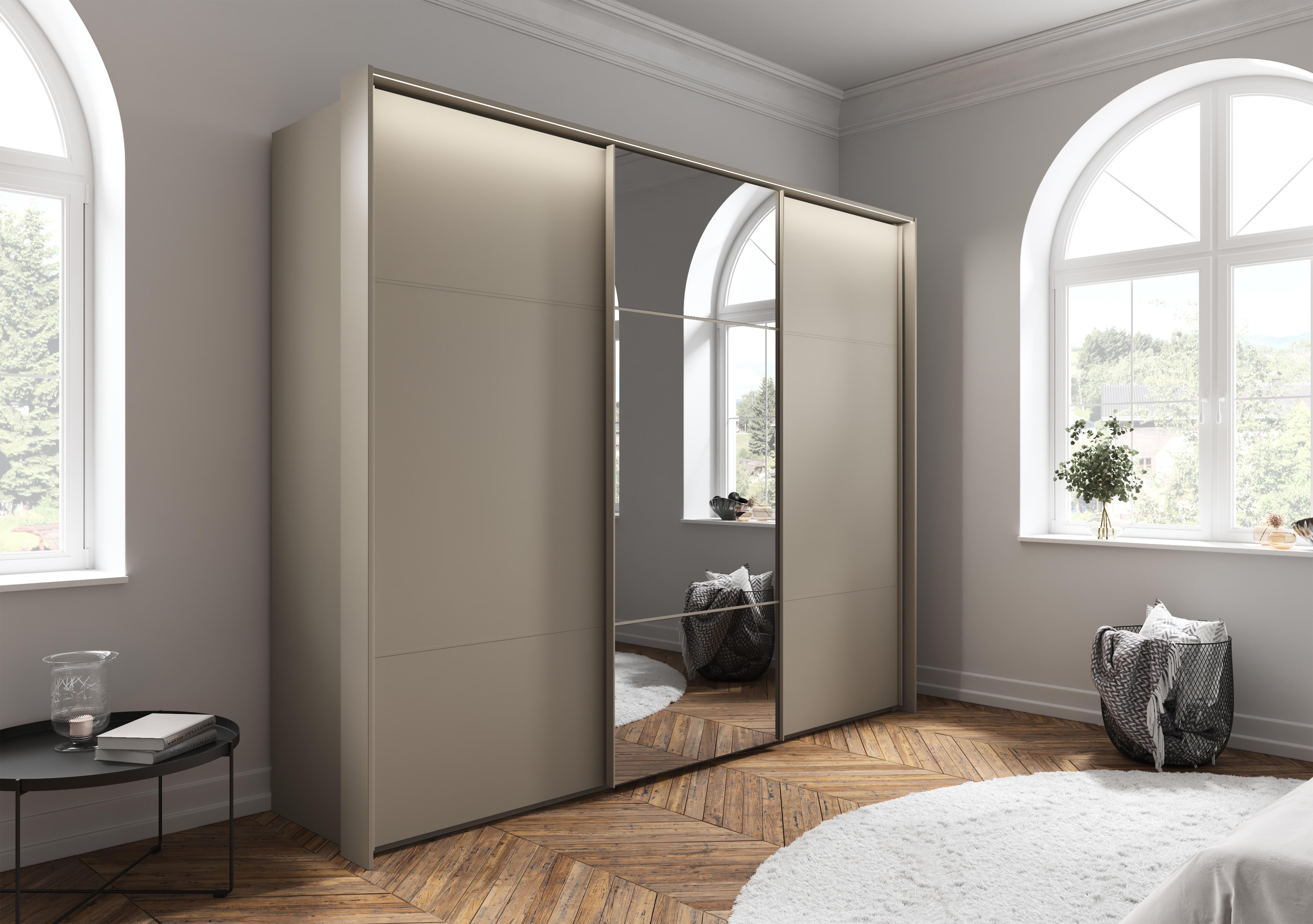 Haven 280cm 3 Door Slider Wardrobe with 2 Décor Doors, 1 Mirror Door and Lights in  on Furniture Village