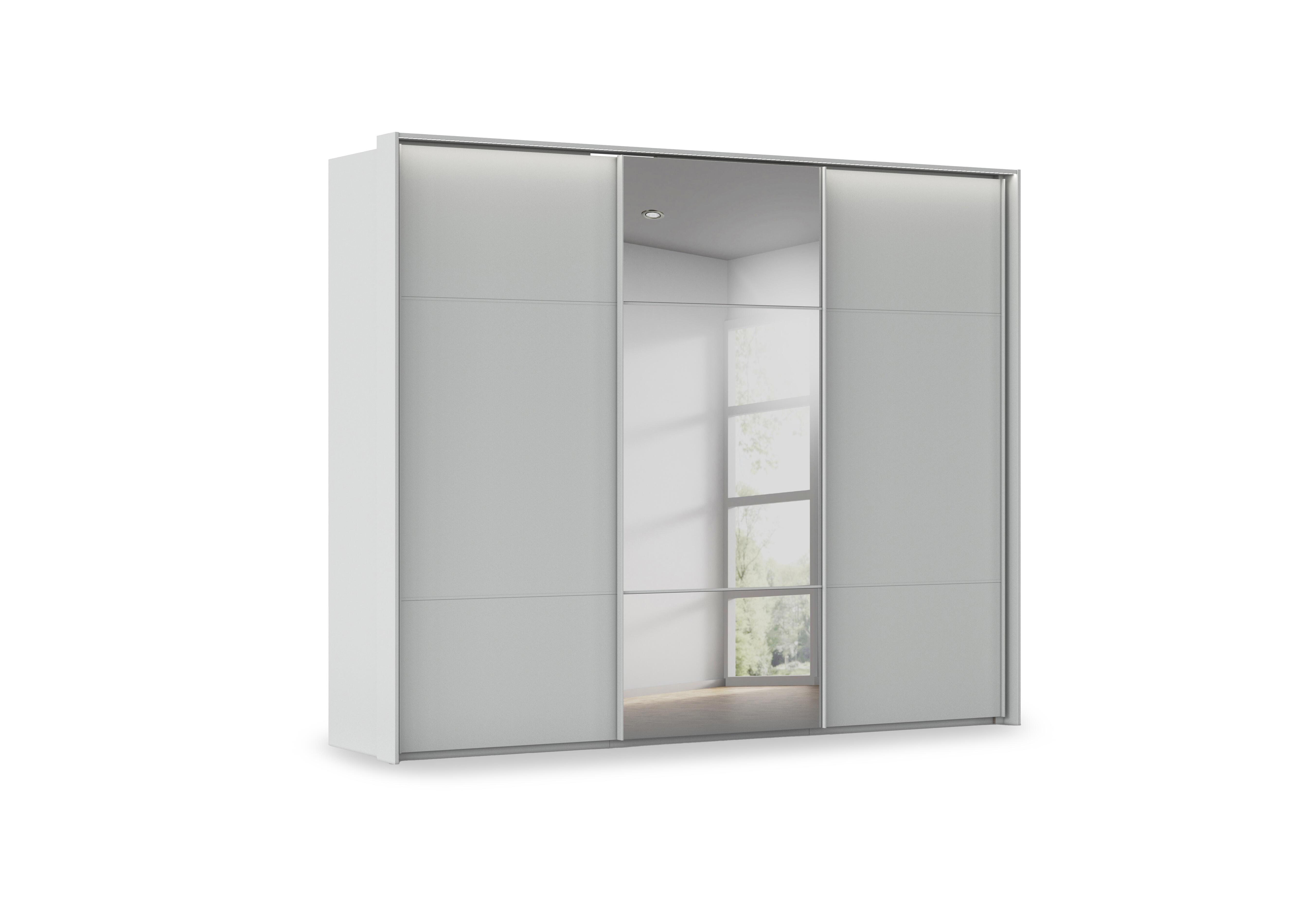 Haven 280cm 3 Door Slider Wardrobe with 2 Décor Doors, 1 Mirror Door and Lights in Agd2l Silk Grey Silk Grey Frnt on Furniture Village