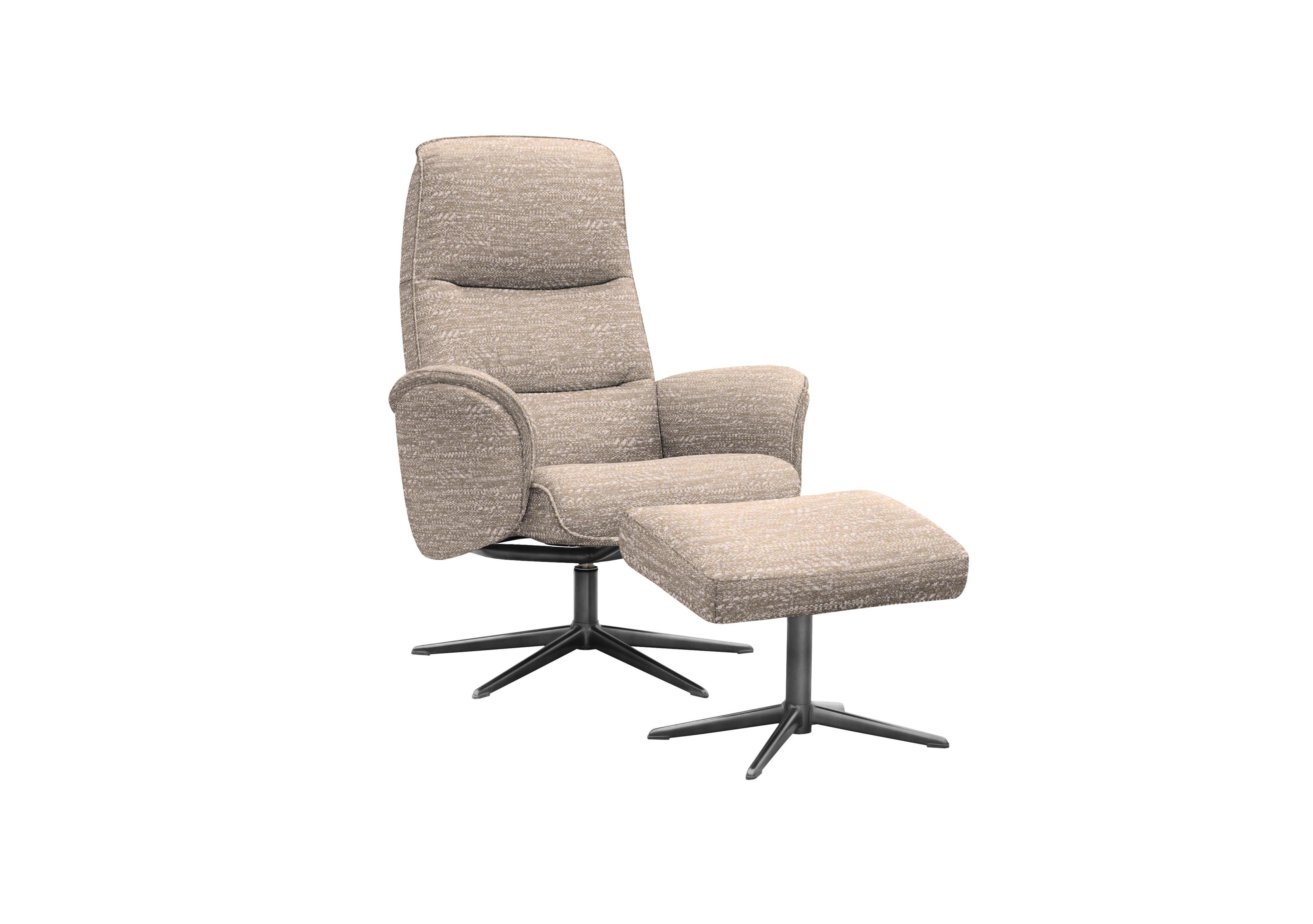 Falum Fabric Swivel Recliner Chair and Footstool with Black Base in A050 Maddox Sandstone on Furniture Village