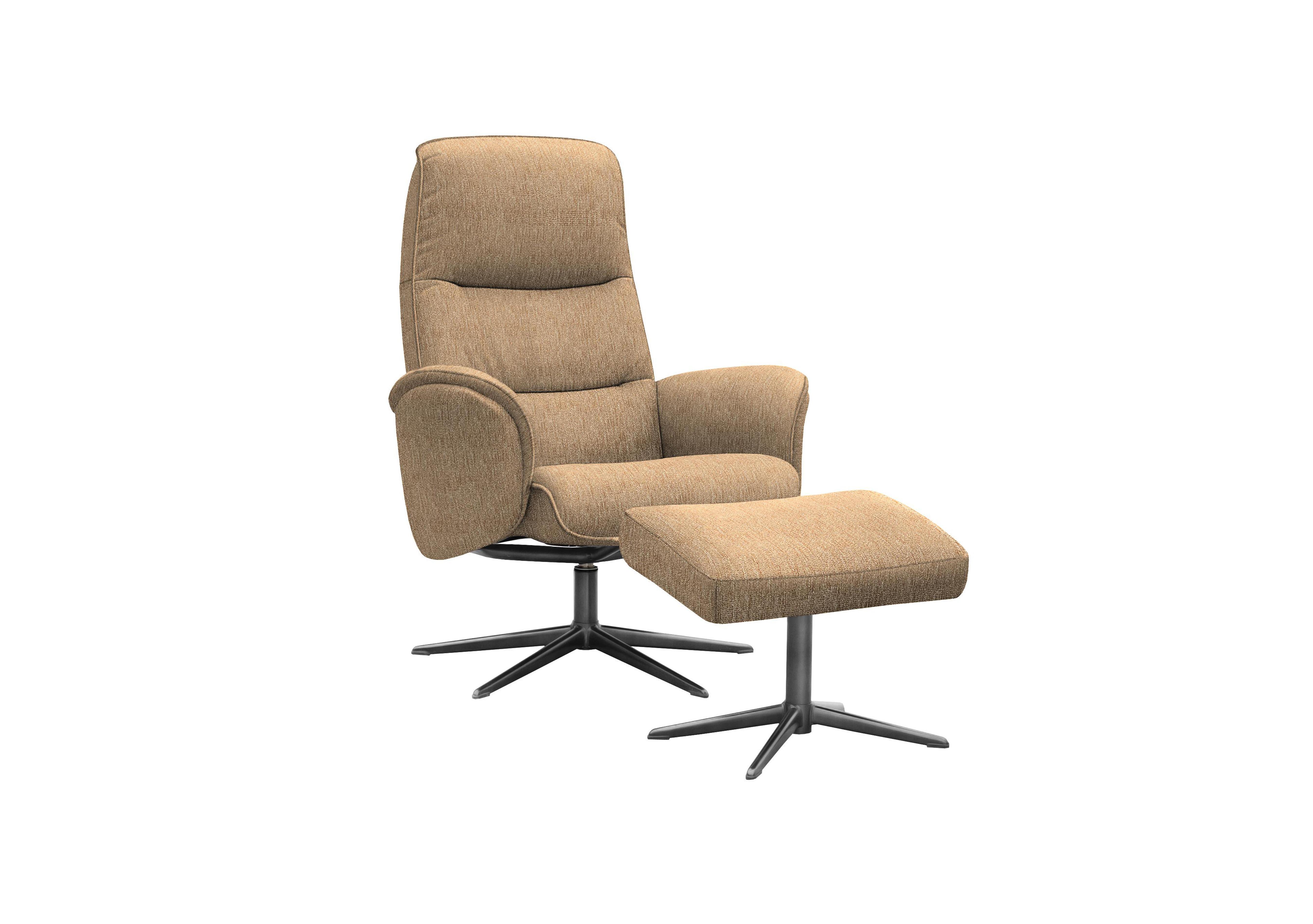 Falum Fabric Swivel Recliner Chair and Footstool with Black Base in A070 Boucle Cocoa on Furniture Village