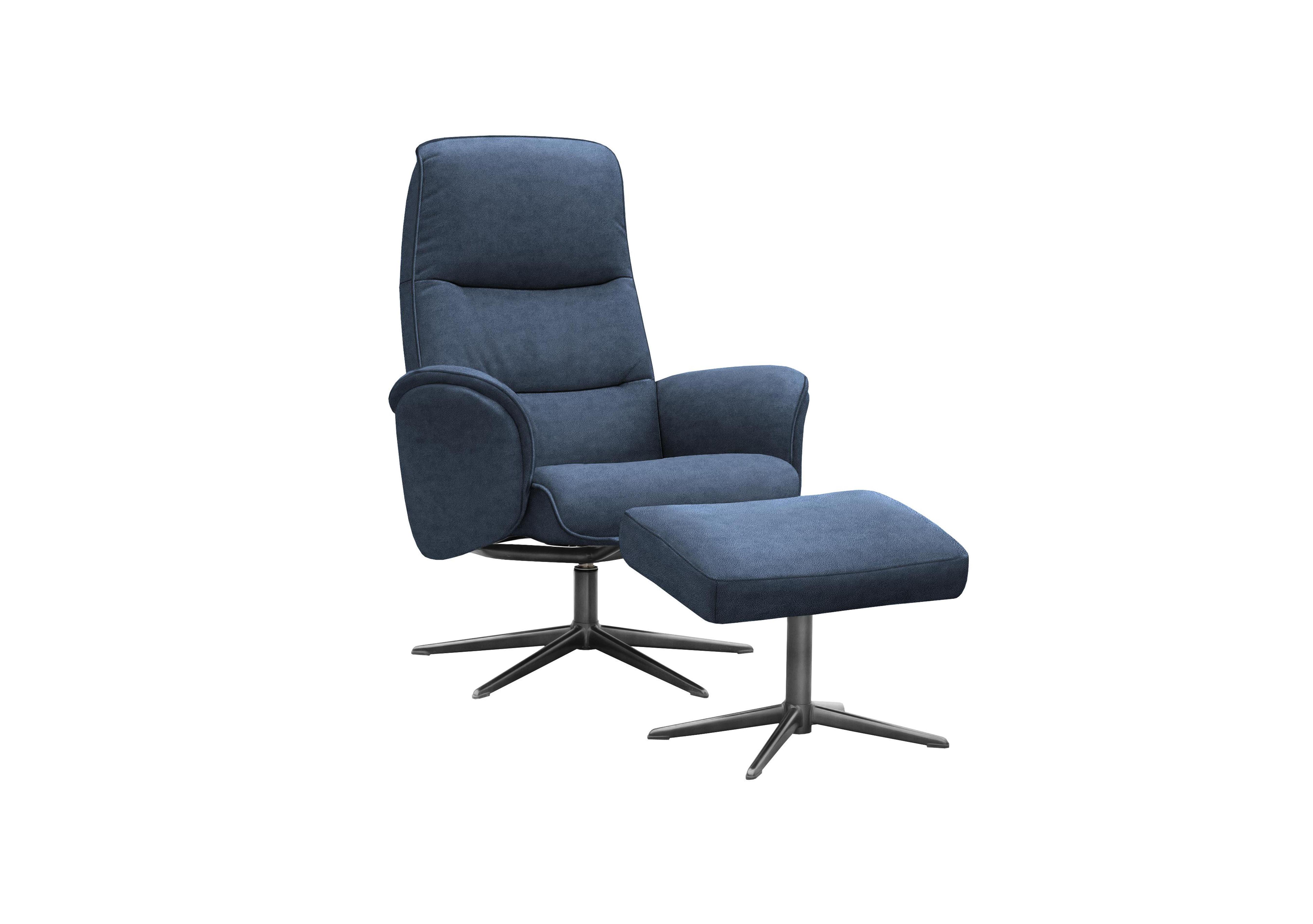 Falum Fabric Swivel Recliner Chair and Footstool with Black Base in A125 Stingray Indigo on Furniture Village