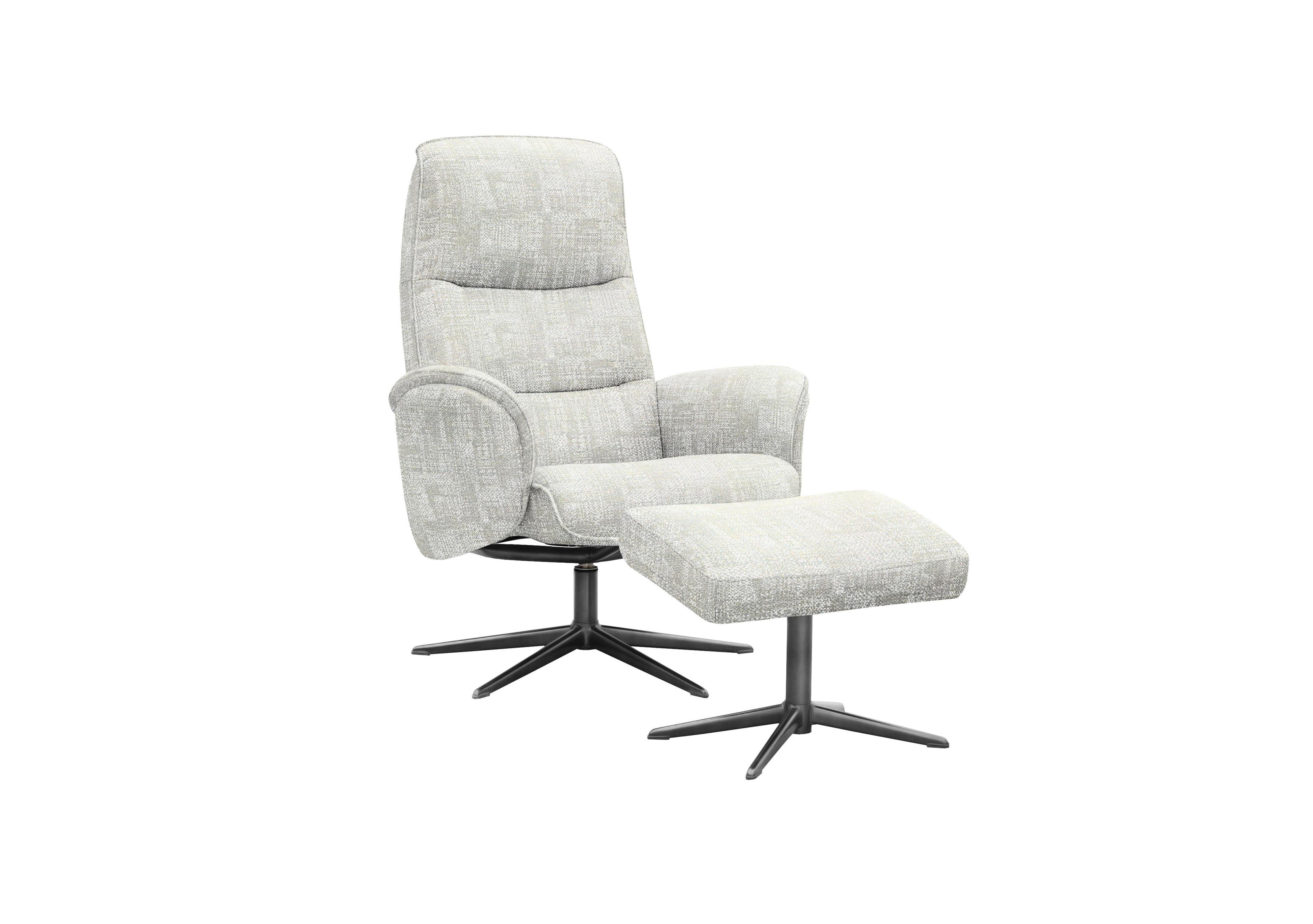 Falum Fabric Swivel Recliner Chair and Footstool with Black Base in B045 Aerial Horizon on Furniture Village