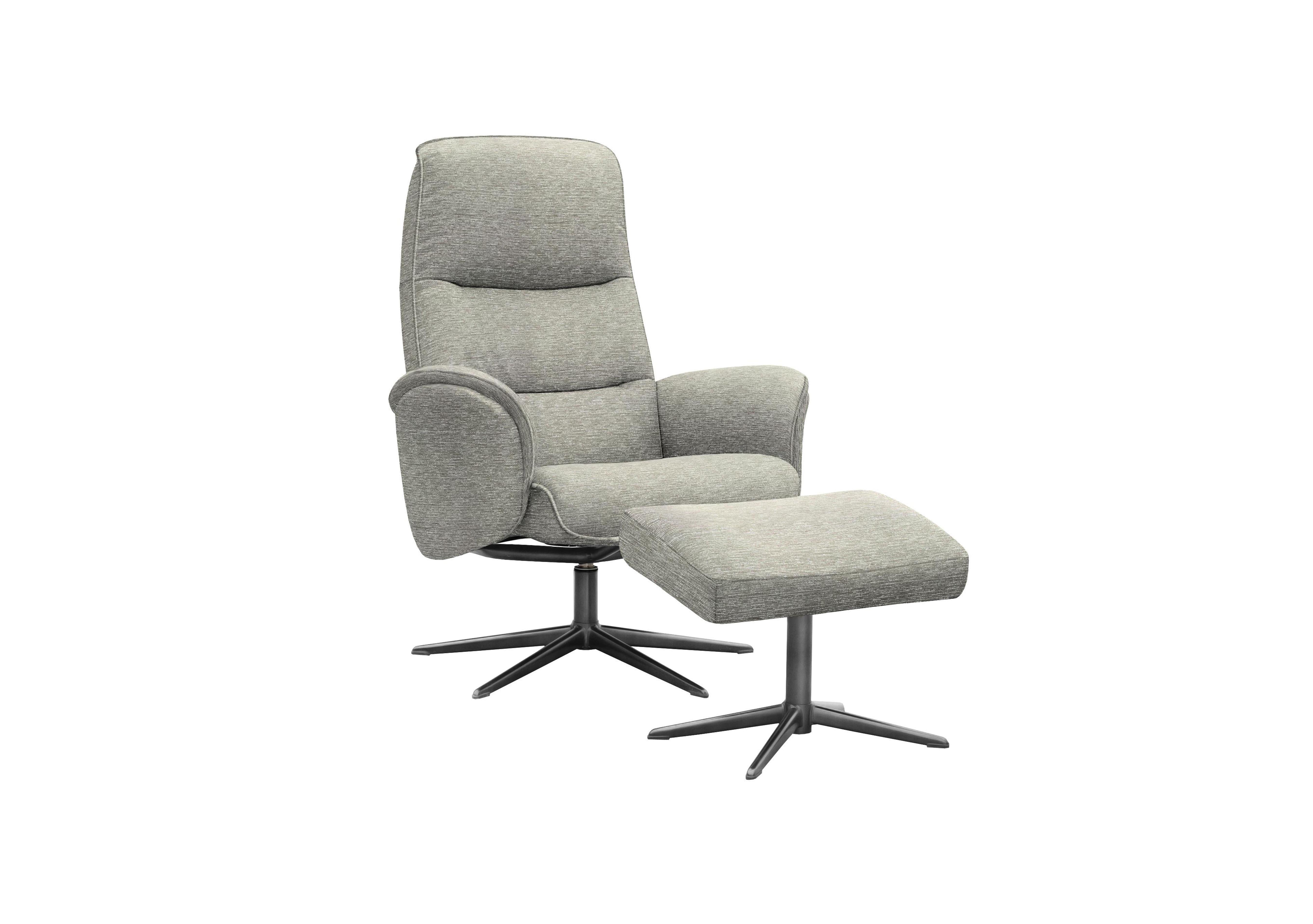 Falum Fabric Swivel Recliner Chair and Footstool with Black Base in B076 Mirage Powder on Furniture Village