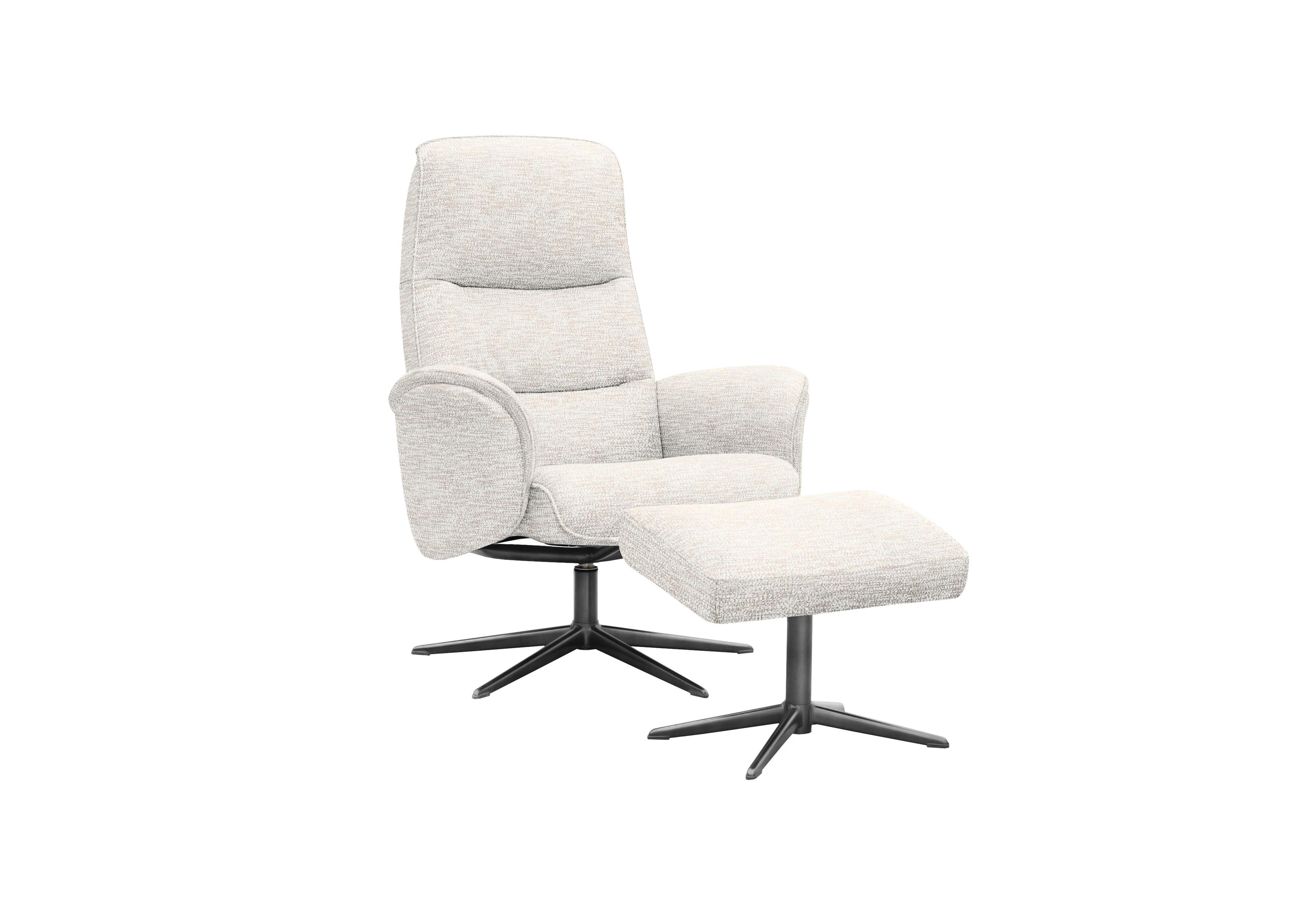 Falum Fabric Swivel Recliner Chair and Footstool with Black Base in C931 Rush Cream on Furniture Village