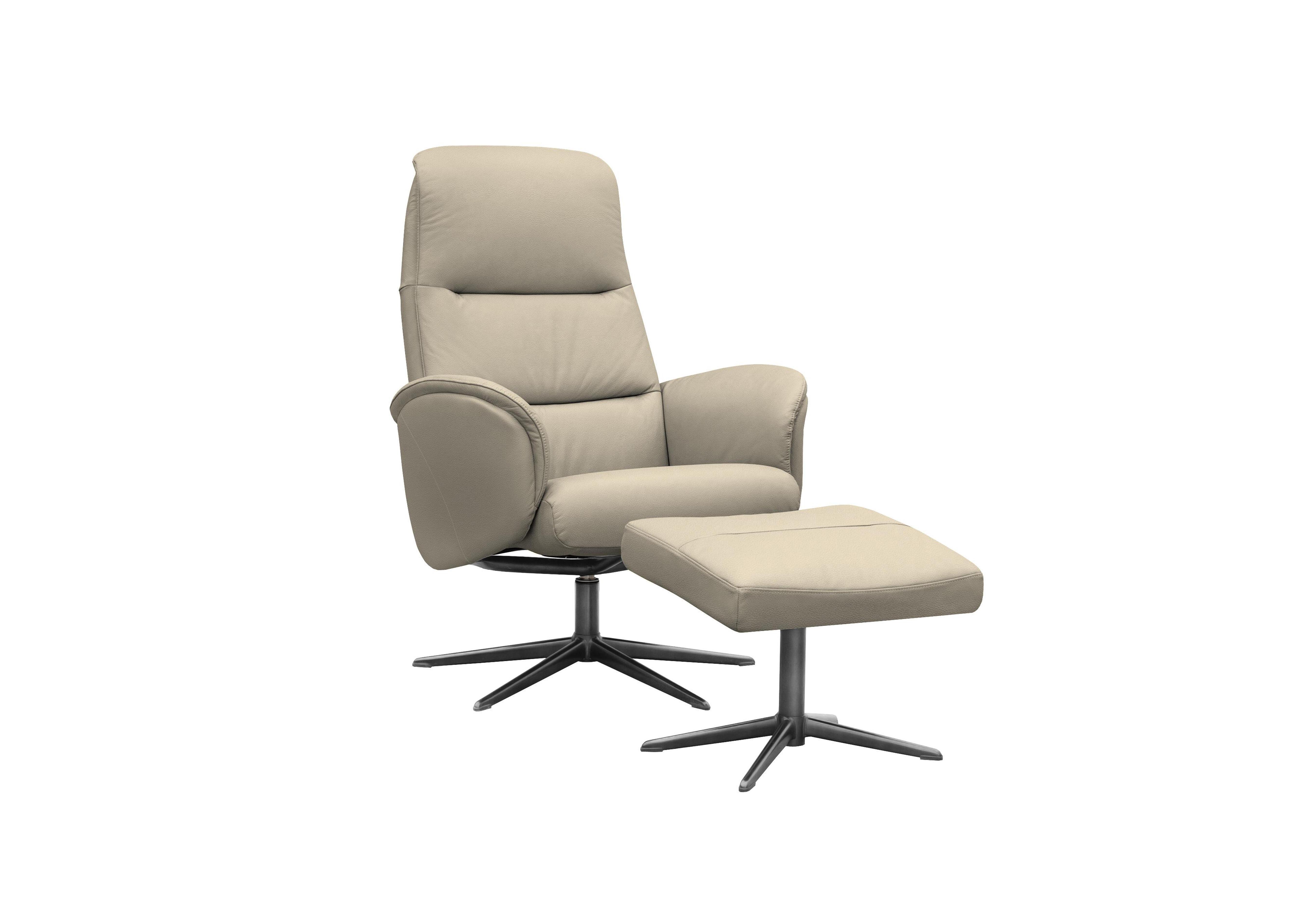 Falum Leather Swivel Recliner Chair and Footstool with Black Base in H001 Oxford Mushroom on Furniture Village